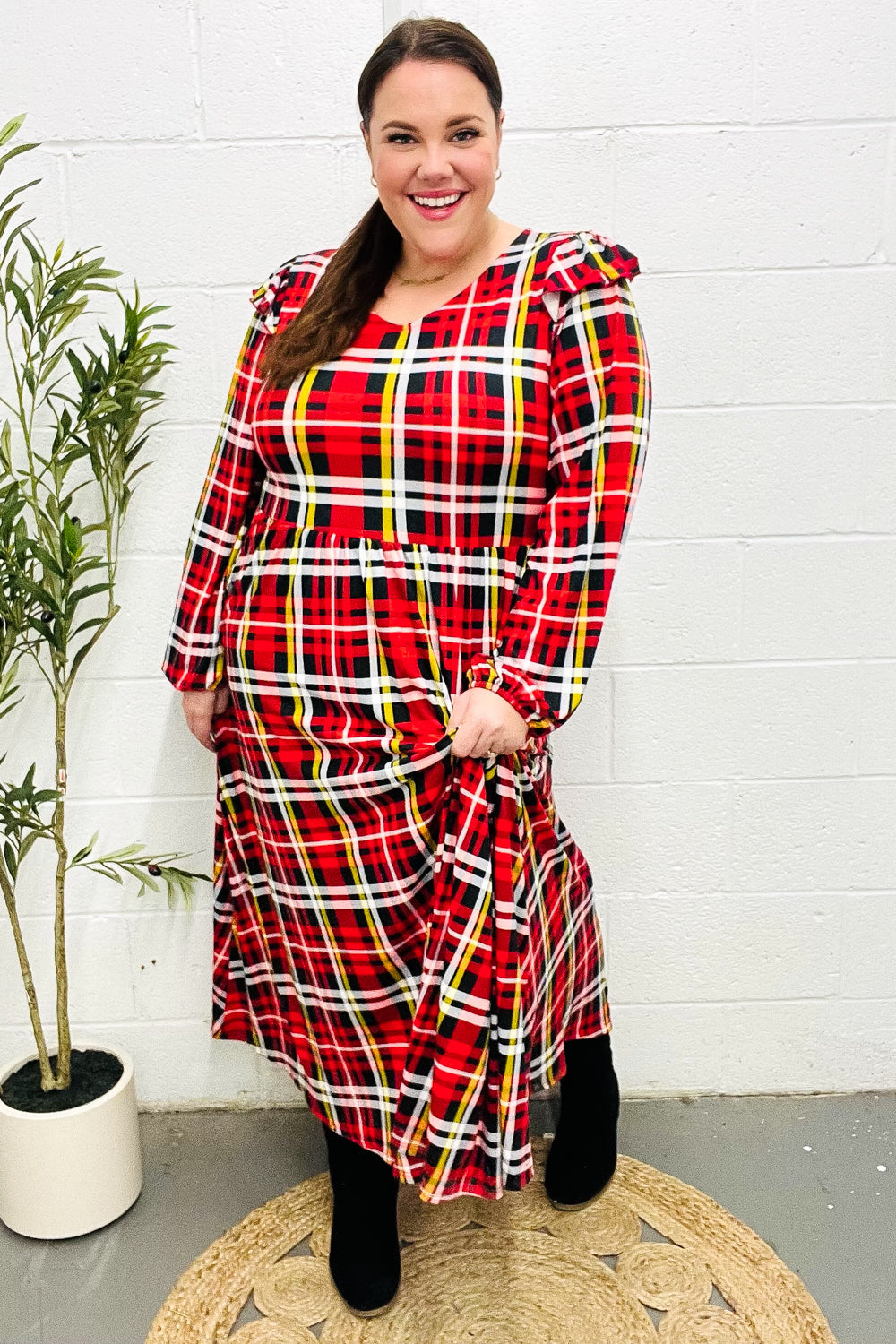Stylish Red Plaid Fit & Flare Midi Dress with Ruffle Details - Perfect for Holiday Parties, Date Nights & Office Wear