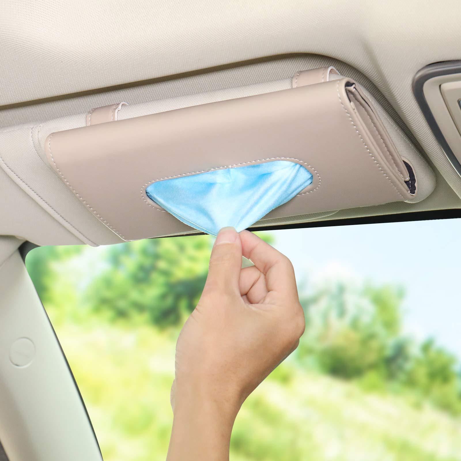 TOOVREN Premium Leather Car Visor Mask Holder & Tissue Dispenser - Beige Sun Visor Organizer for Masks, Wipes & Essentials | Perfect for Road Trips, Commuting & Family Travel