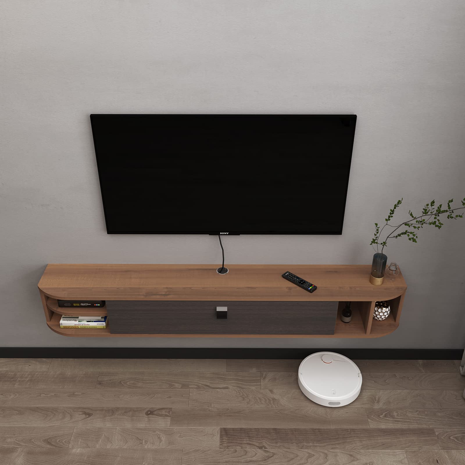 Modern TV Stand with Storage Shelves - 47 Inch Wall Mounted TV Console for Living Room & Bedroom - Walnut Finish - Perfect for Organizing Media Devices & Home Decor
