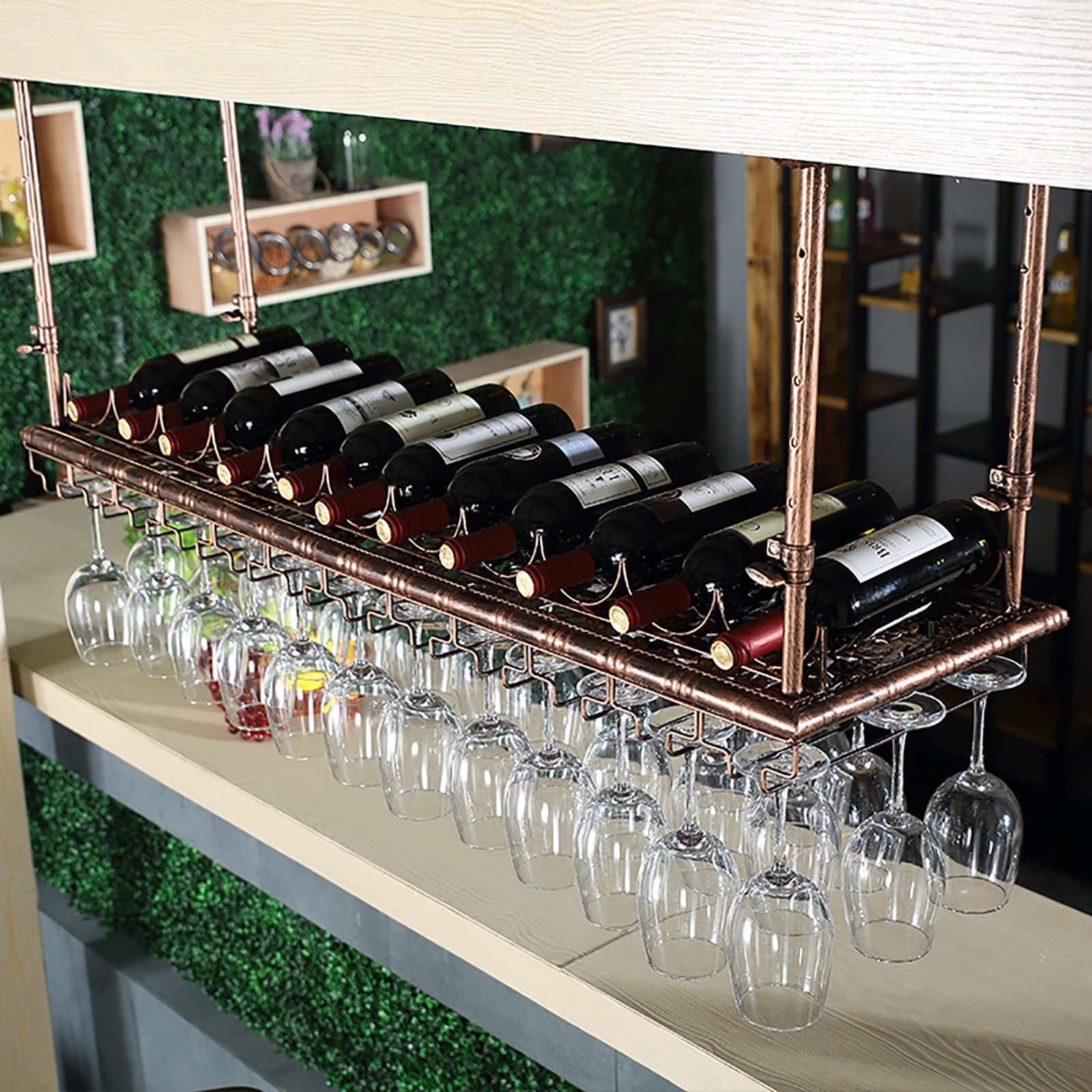 Vintage Metal Ceiling Hanging Wine Rack Organizer - 80x35cm Multifunctional Wine Bottle Storage Shelf with Stemware Glass Goblets Holder - Perfect for Kitchen, Bar, Restaurant & Wine Cellar Display