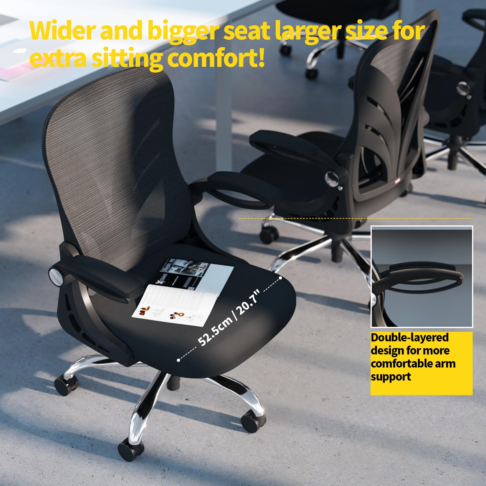 Ergonomic Office Chair with Adjustable Lumbar Support & Flip-Up Armrests - Foldable Backrest & Tilt Function for Big and Tall Users - Black Mesh Computer Desk Chair for Home Office, Gaming & Workspace Comfort