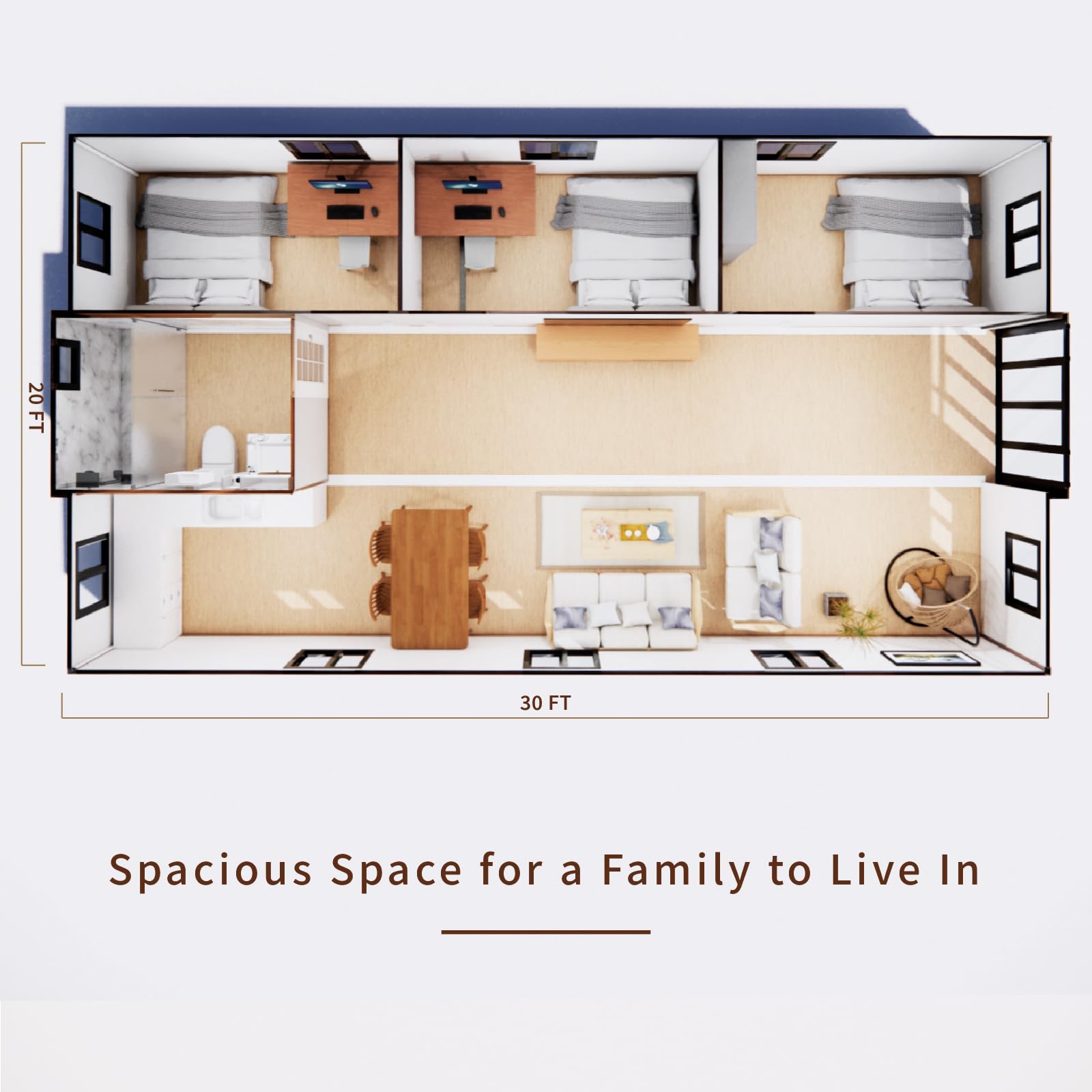 30FT Prefab Container House with 3 Bedroom, 1 Bathroom & Kitchen - Foldable Tiny Home for Adults - Portable Prefabricated Steel Frame House - Perfect for Backyard Guest House, Vacation Cabin or Off-Grid Living