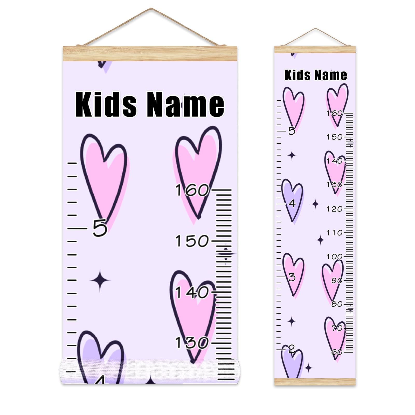 Personalized Wooden Kids Name Growth Chart Ruler - 13.4x56 Inch Wall Mounted Height Measurement Tool with Linen Finish for Nursery & Bedroom Decor (Pink/Purple) - Perfect for Tracking Child Development & Room Decoration