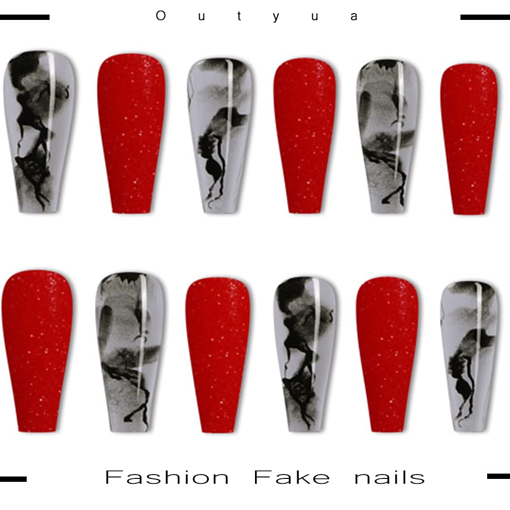 24Pcs Extra Long Press on Nails - Glossy Acrylic Coffin Ballerina Fake Nails with Smoke Pattern Red & Black Designs, Full Cover Artificial Nails for Women & Girls | Perfect for Parties, Halloween, Cosplay & Special Occasions
