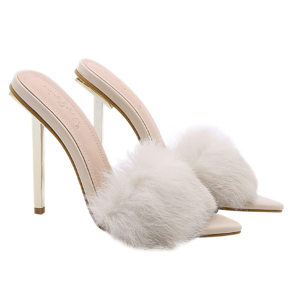 Stylish Black Fluffy Stilettos - Open Toe High Heels 12cm for Women | Pointed Sandals with Rubber Sole | Sexy Slip-On Slippers for Party, Evening Wear, Dancing & Outdoor Events | Comfortable & Easy to Wear