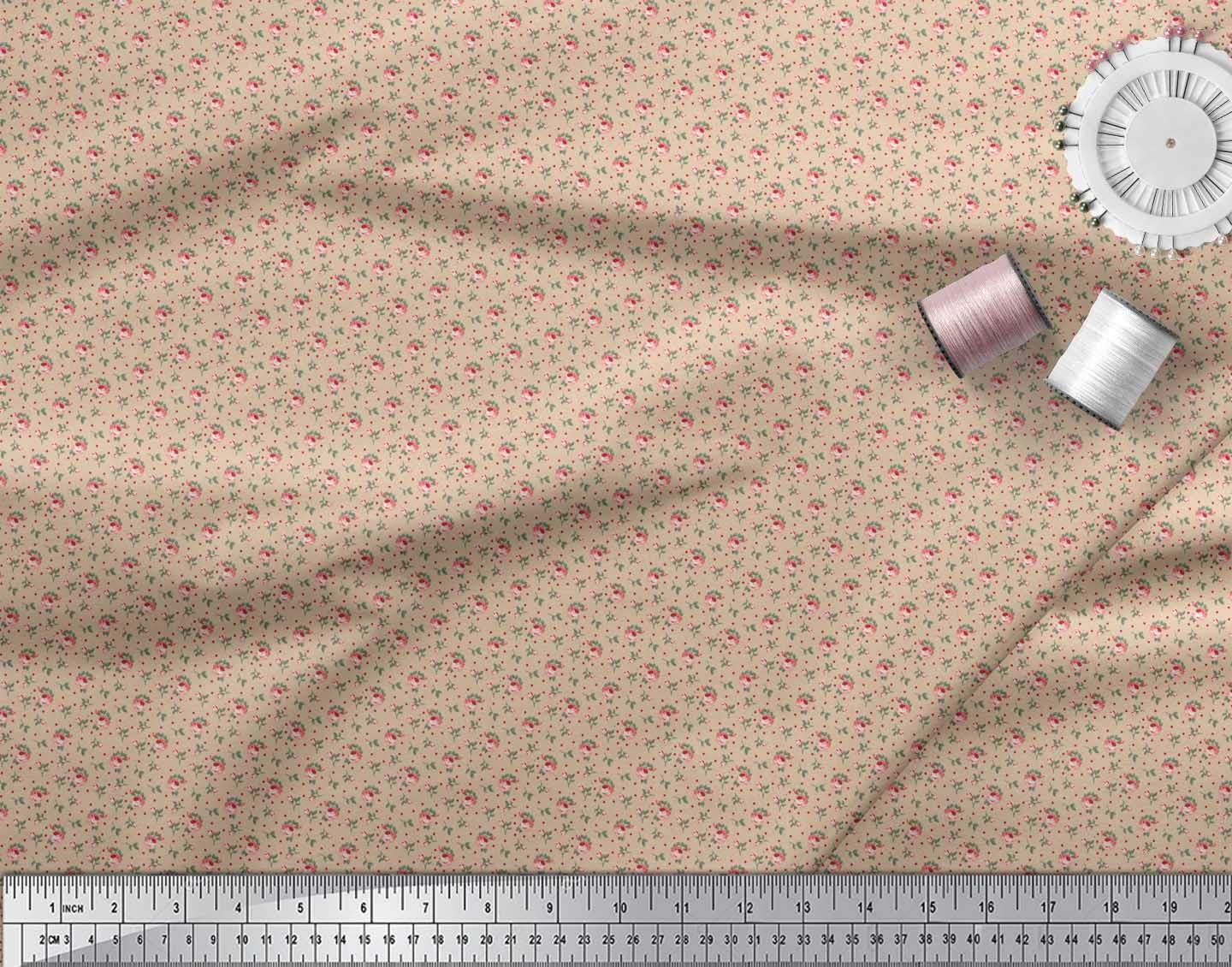 Soimoi 100% Cotton Voile Fabric - Beige Printed with Dots, Leaves & Roses - 56