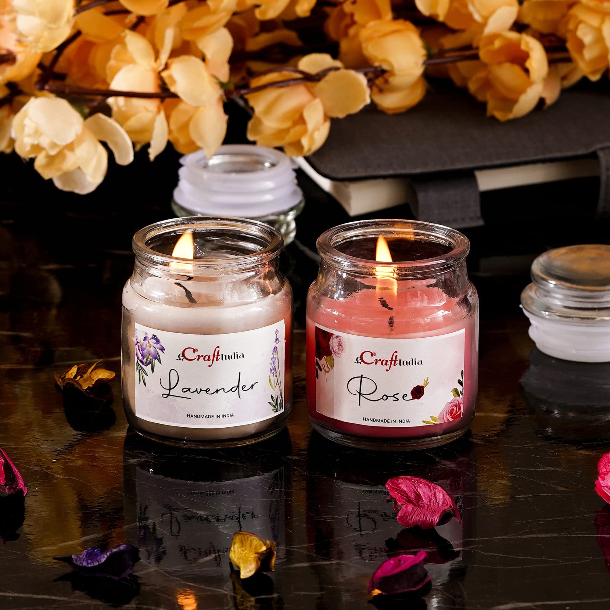 eCraftIndia Set of 2 Lavender Rose Scented Jar Candles for Home Decor, Bedroom, Bathroom | Aromatherapy Gifts for Diwali, Christmas, Birthday | Handmade Soy Wax Candles with Essential Oils | Perfect for Relaxation, Meditation & Creating Cozy Atmosphere