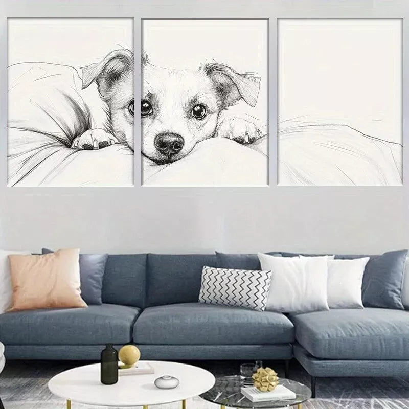 3-Piece Adorable Puppy Black and White Sketch Wall Art Set - Framed Canvas 40x60cm (16x24in) - High Quality Print - 100% Australian Made - Ready to Hang - Perfect for Living Room, Bedroom, or Office Decor