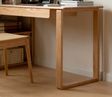 Solid Oak Wood Office Desk with Single Leg & Built-in Bookshelf - Modern Home Office Furniture for Work and Study