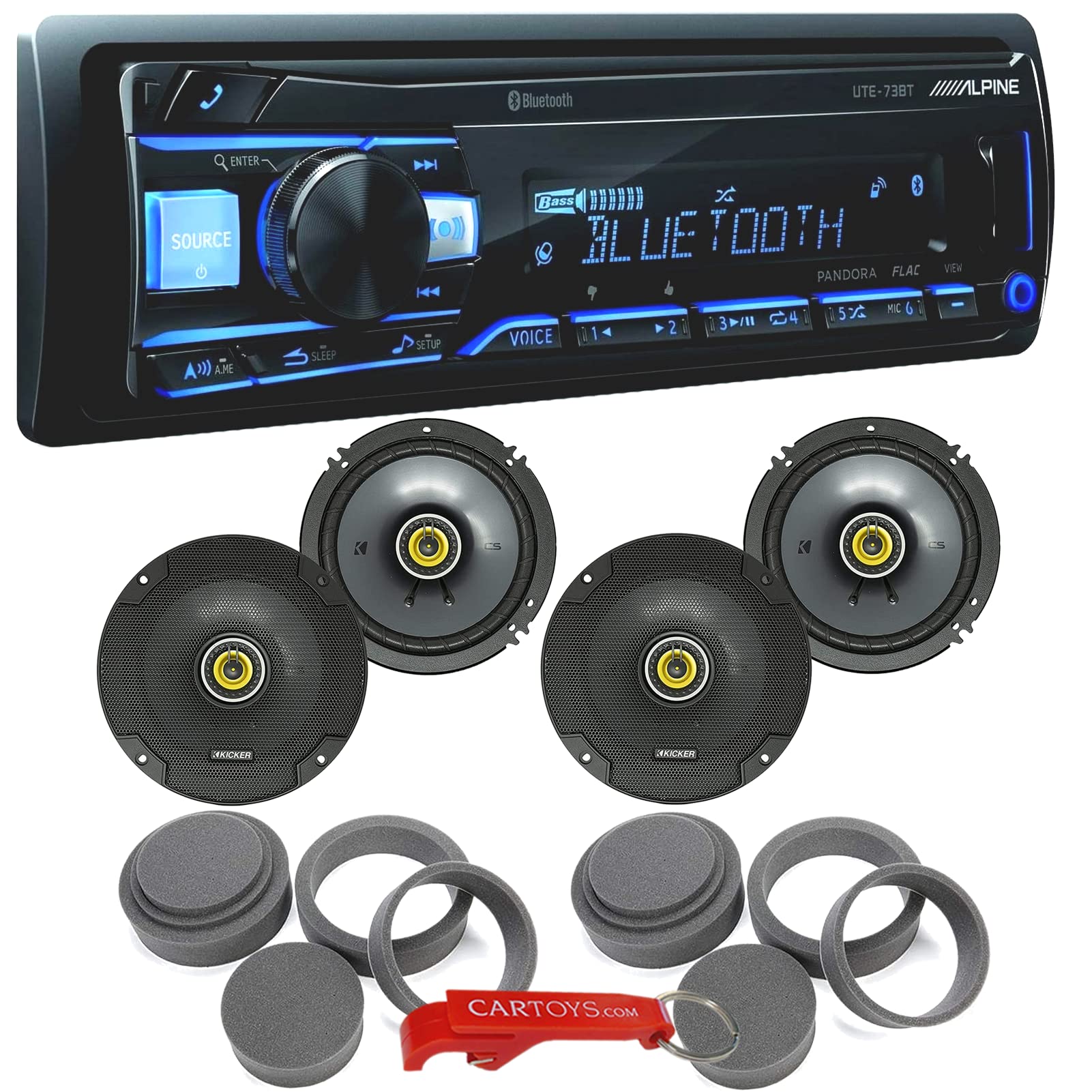 Alpine UTE-73BT Bluetooth Car Stereo Receiver - 1-DIN Digital Media Head Unit with 4 Kicker CS Series 6.5