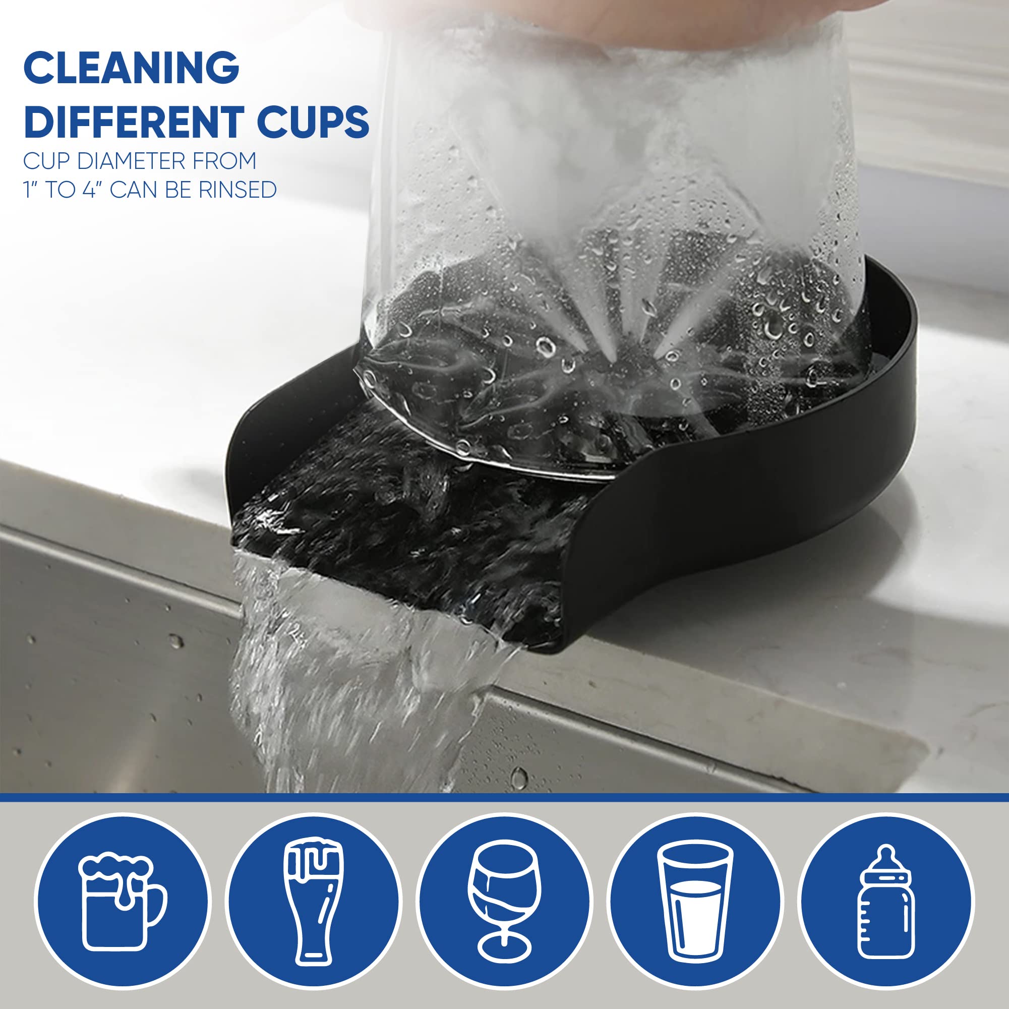Stainless Steel Glass Rinser for Kitchen Sink - Powerful Cup & Wine Glass Washer with 360° Spray Nozzle - Black Metal Base Sink Accessory with Free Drying Mat - Perfect for Bar, Restaurant & Home Kitchen Use