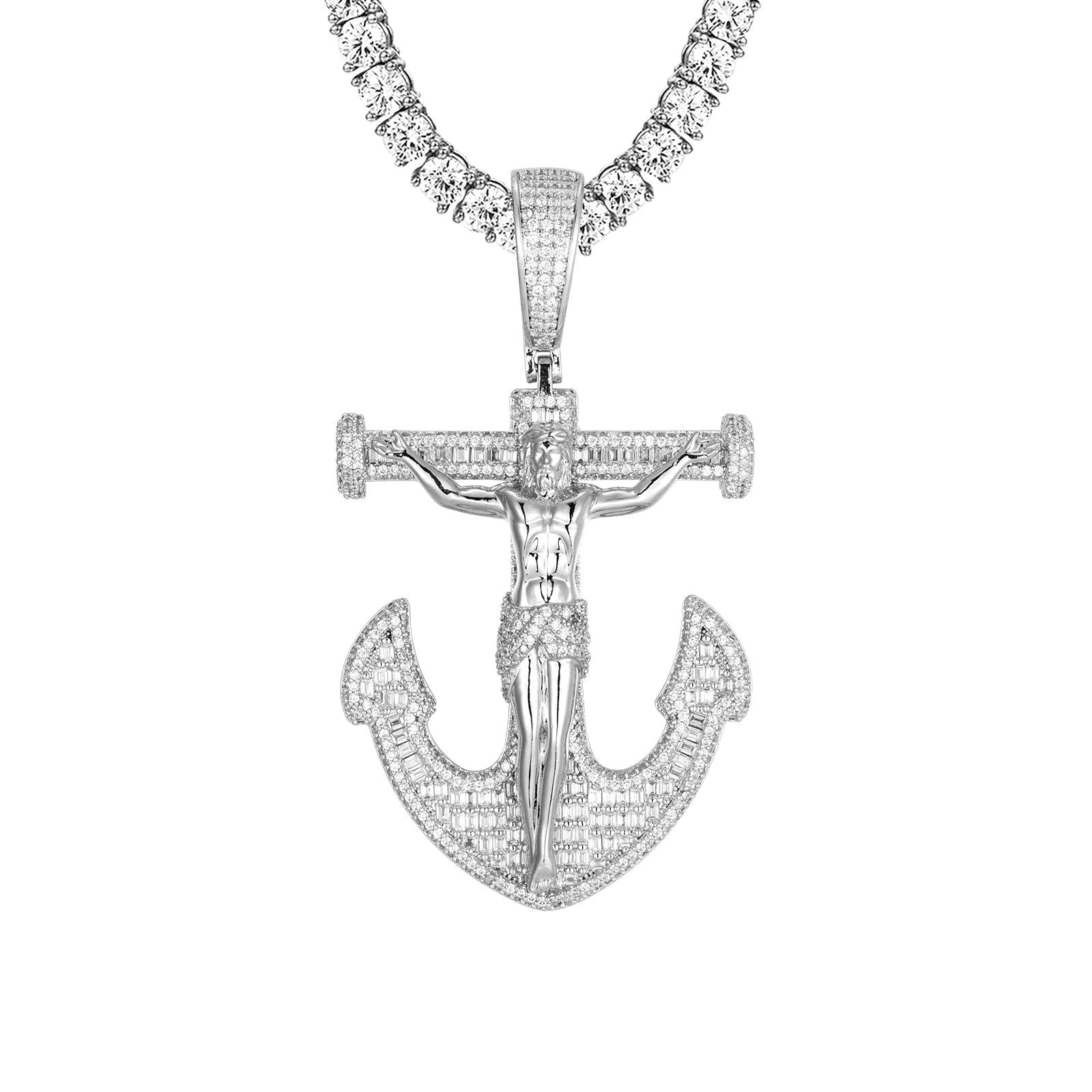 Men's Cross Anchor Jesus Icy Custom Hip Hop Pendant Chain Necklace - Religious Jewelry for Men, Hip Hop Fashion Accessory, Gift for Christian Believers - Perfect for Church, Parties, and Streetwear Style