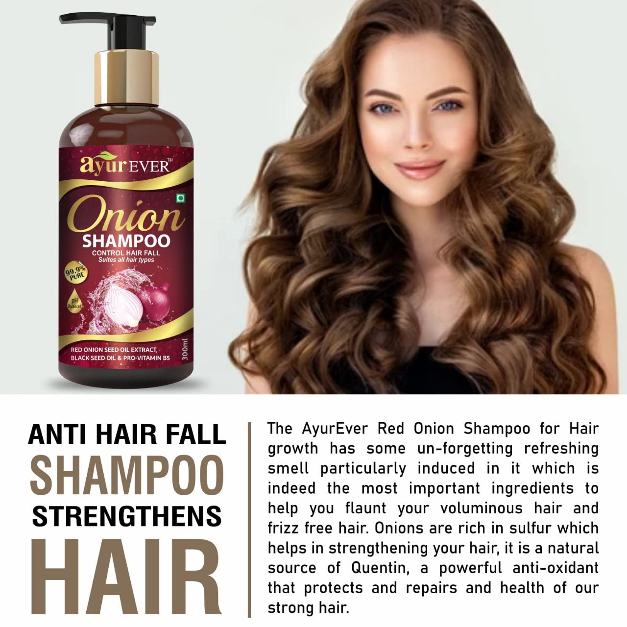AYUREVER Onion Shampoo for Hair Growth & Dandruff Control - 300ml Sulfate-Free Hair Care for Stronger, Healthier Hair - Perfect for Daily Use & Scalp Treatment