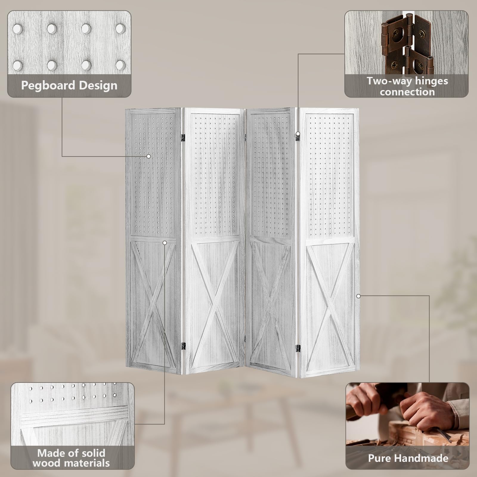 4 Panel Wooden Room Divider Screen - 5.6Ft Folding Privacy Partition with Pegboard Display | Freestanding Trade Show Booth, Craft Fair Display & Home Wall Organizer | Perfect for Room Separation, Retail Displays & Home Decor (Retro White)