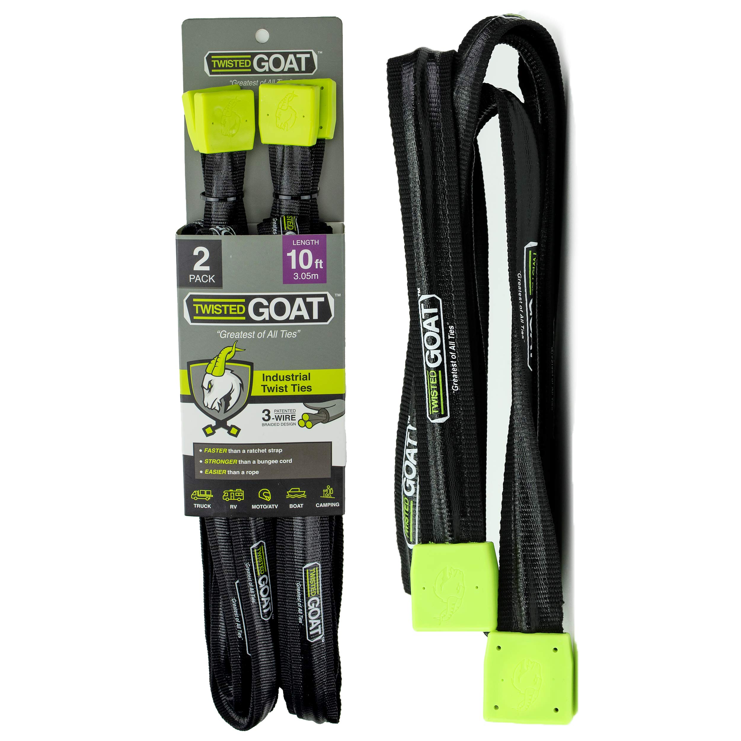 Heavy Duty Reusable Twisted Goat Industrial Twist Ties - 10 ft 2 Pack for Securing Cargo, Roof Rack Transport, Camping Gear Organization | Perfect for Outdoor Adventures, Home Storage & DIY Projects
