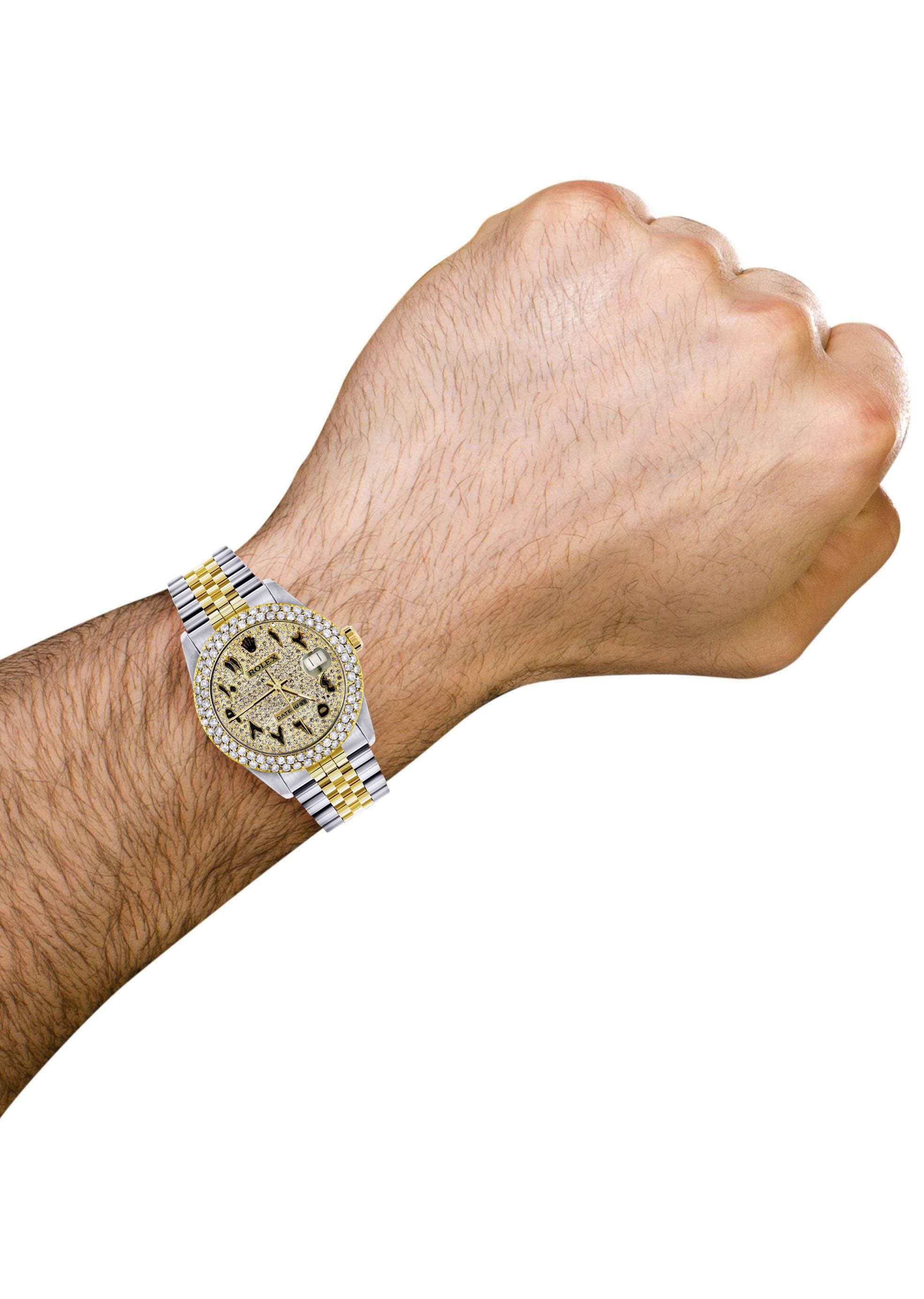 Luxury Diamond Gold Rolex Watch For Men 16233 | 36mm Black Arabic Full Diamond Dial | 4.25 Carat Two Row Bezel | Jubilee Band | Perfect for Gifts, Weddings & Special Occasions