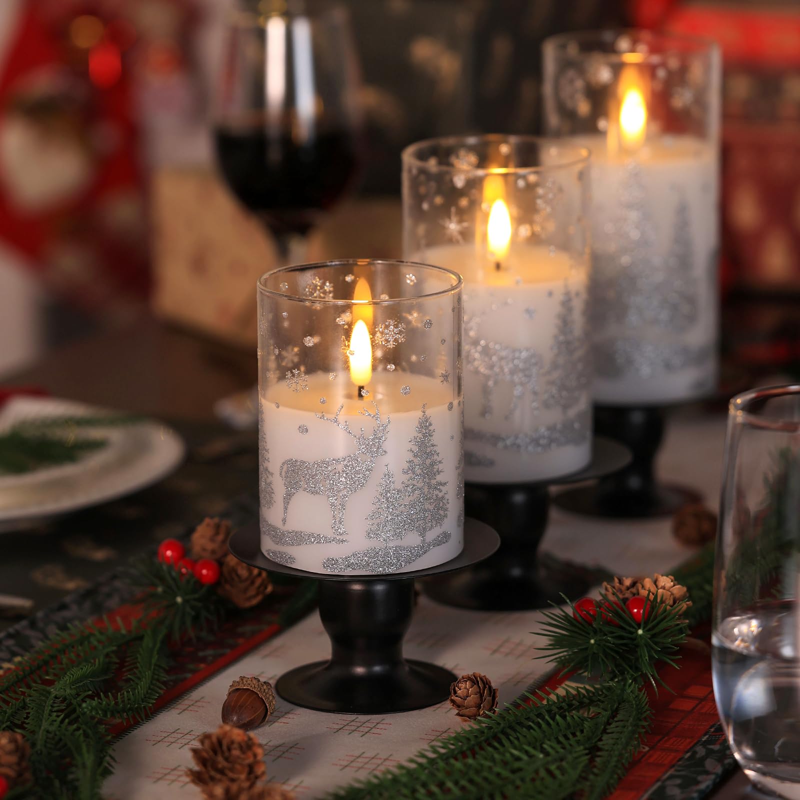 Real Wax LED Flameless Candles with Remote Control - Battery Operated Flickering Candles with Silver Trees & Deer Snowflake Design, Set of 3 - Perfect for Christmas Decor, Holiday Parties & Winter Wonderland Home Decor