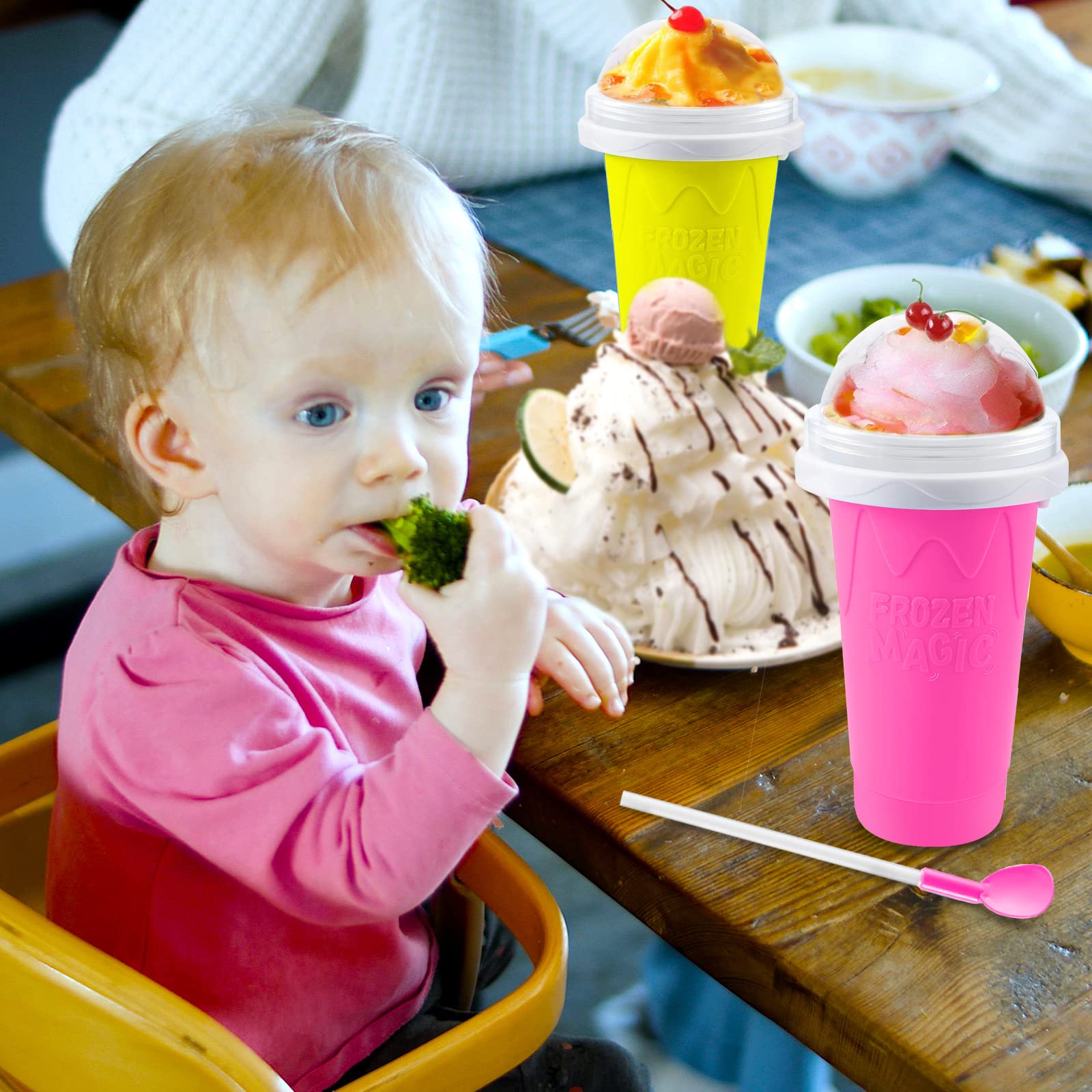 QwayHome 2PC Slushie Maker Cups - DIY Frozen Magic Slushy Cups with Double Layer Silica Gel, Quick Cooling Smoothie & Ice Cream Maker for Homemade Milk Shakes (Yellow+Pink) - Perfect for Summer Parties, Kids Treats & Backyard BBQs