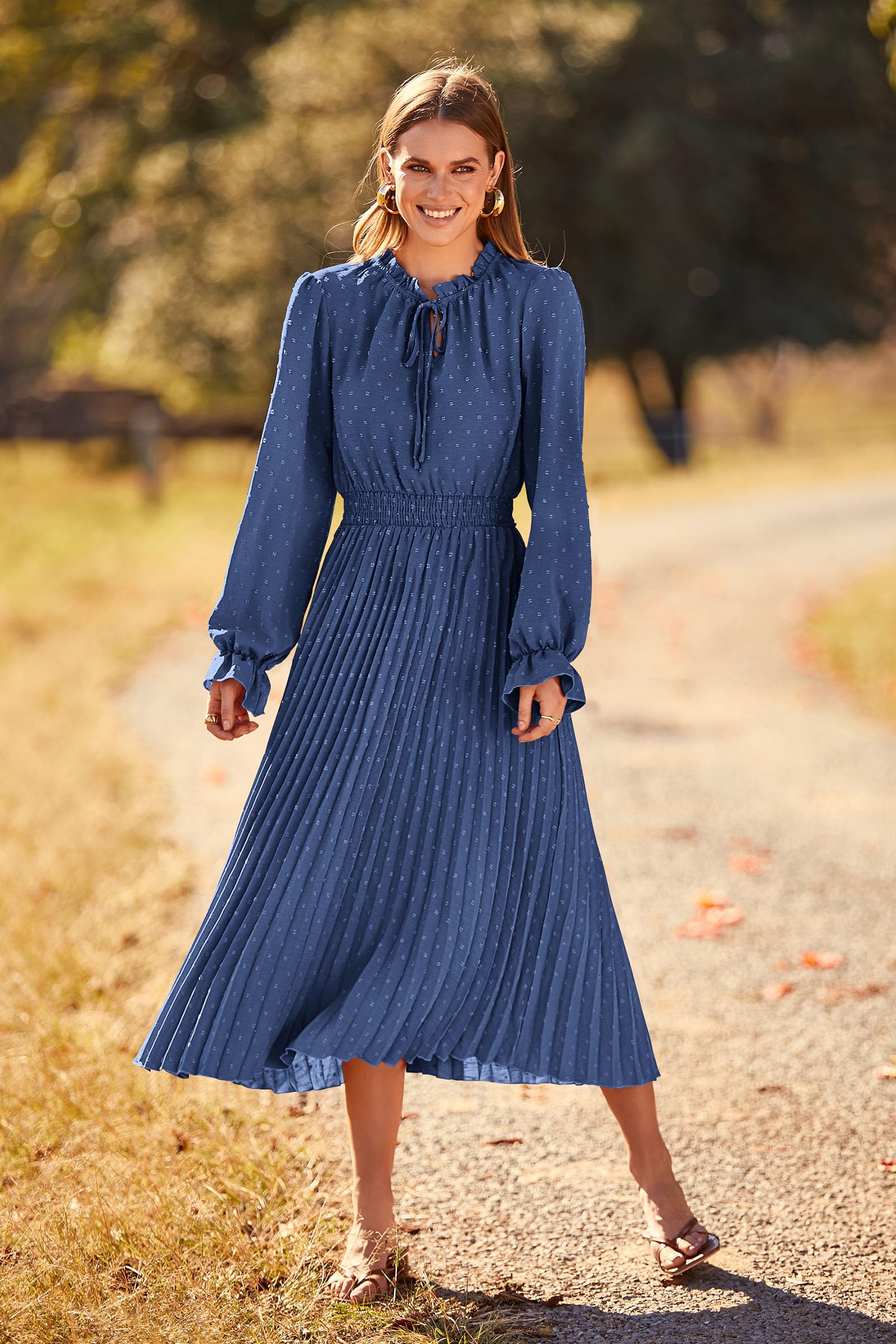 PRETTYGARDEN Women's Swiss Dot Pleated Midi Dress - Long Sleeve V-Neck A-Line Flowy Casual Dress for Spring Fall 2025 | Perfect for Office Wear, Date Nights & Special Occasions