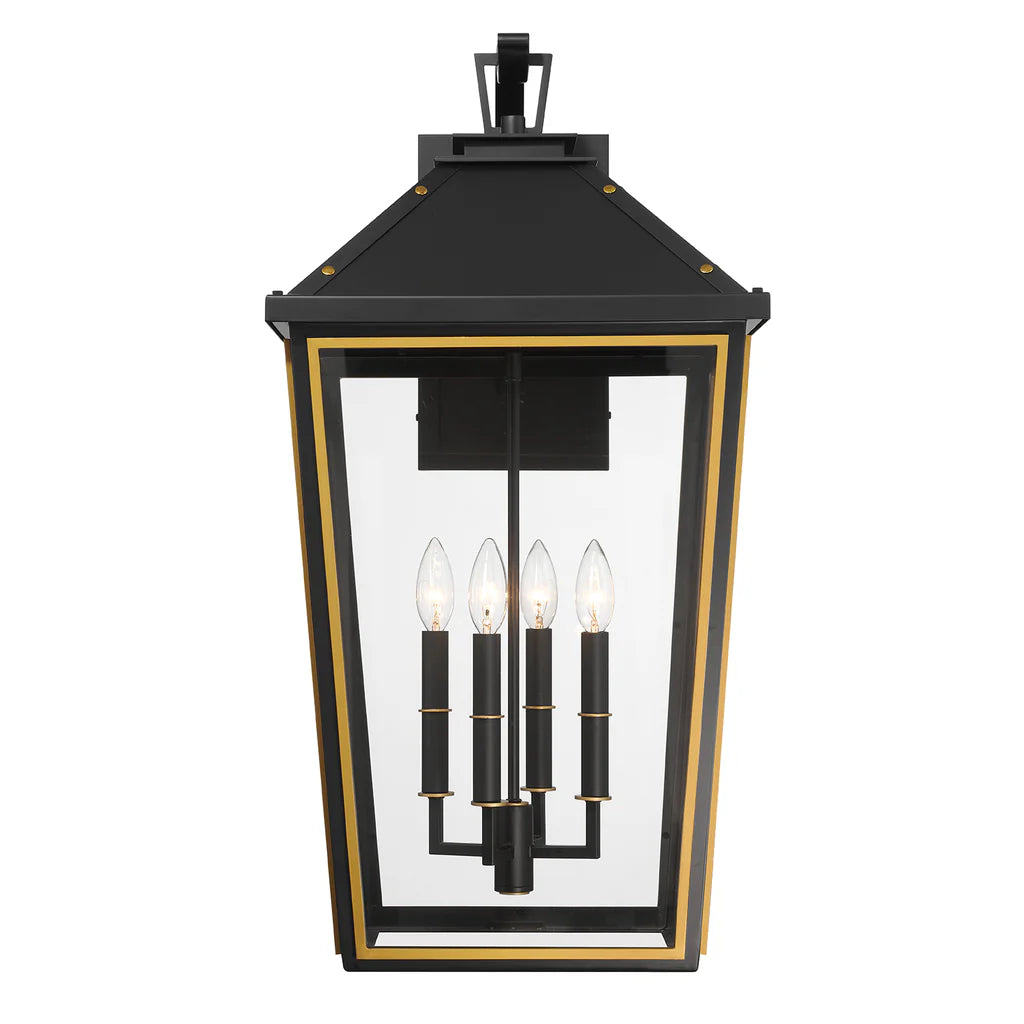 Hawkins 4-Light Outdoor Wall Sconce - 15x29.75 Inch Stainless Steel & Glass Matte Black Fixture with Textured Gold Finish - 120V E12 Candelabra Base LED Bulb Sockets - Perfect for Patio Lighting, Garden Decor, and Exterior Wall Illumination
