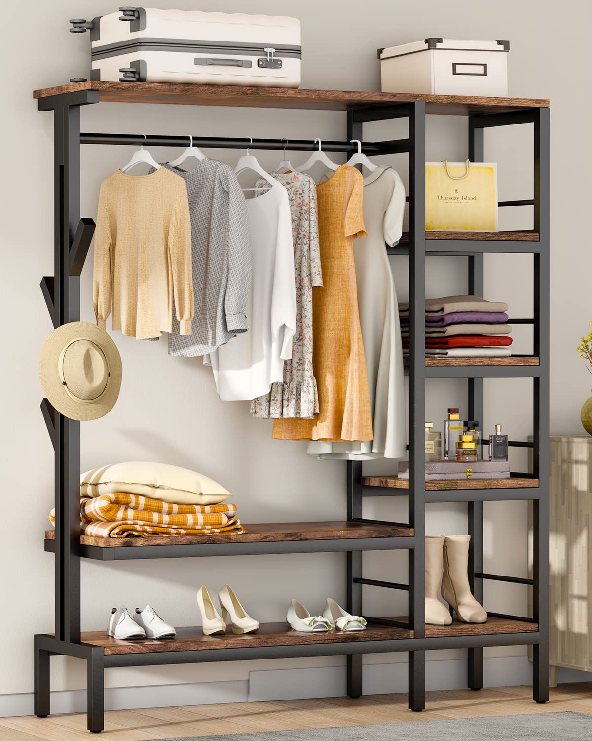 HOKEEPER 650lbs Heavy Duty Freestanding Clothing Rack with Shelves & Hooks - Metal Wardrobe Organizer for Closet Storage | Perfect for Bedroom, Laundry Room, and Commercial Use
