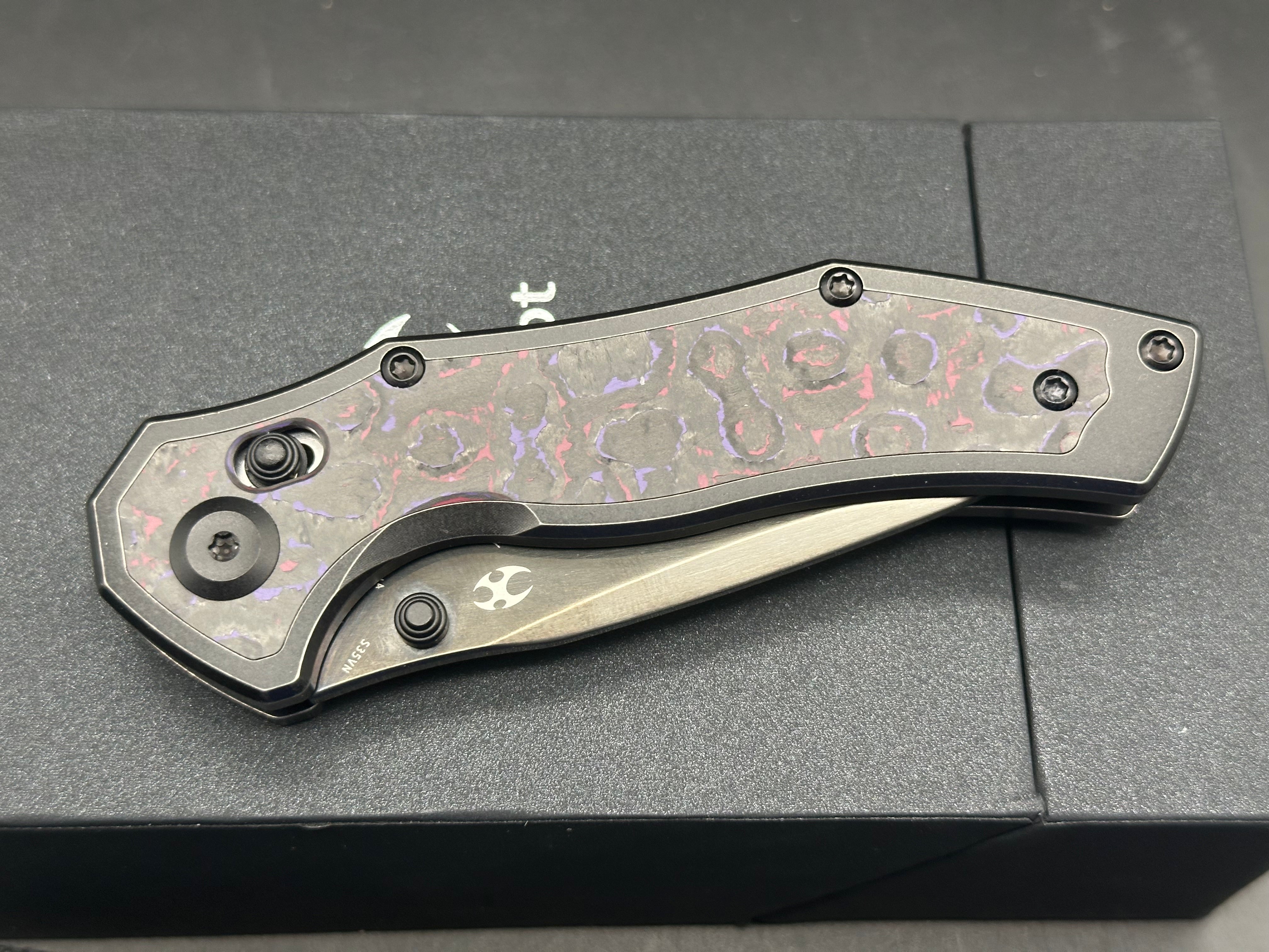 KANSEPT APOLLO Folding Pocket Knife - Blackwash Titanium & Purple Haze Fatcarbon Handle, S35VN Blade with Mirror DLC Coating - EDC, Outdoor, Camping, Survival Gear