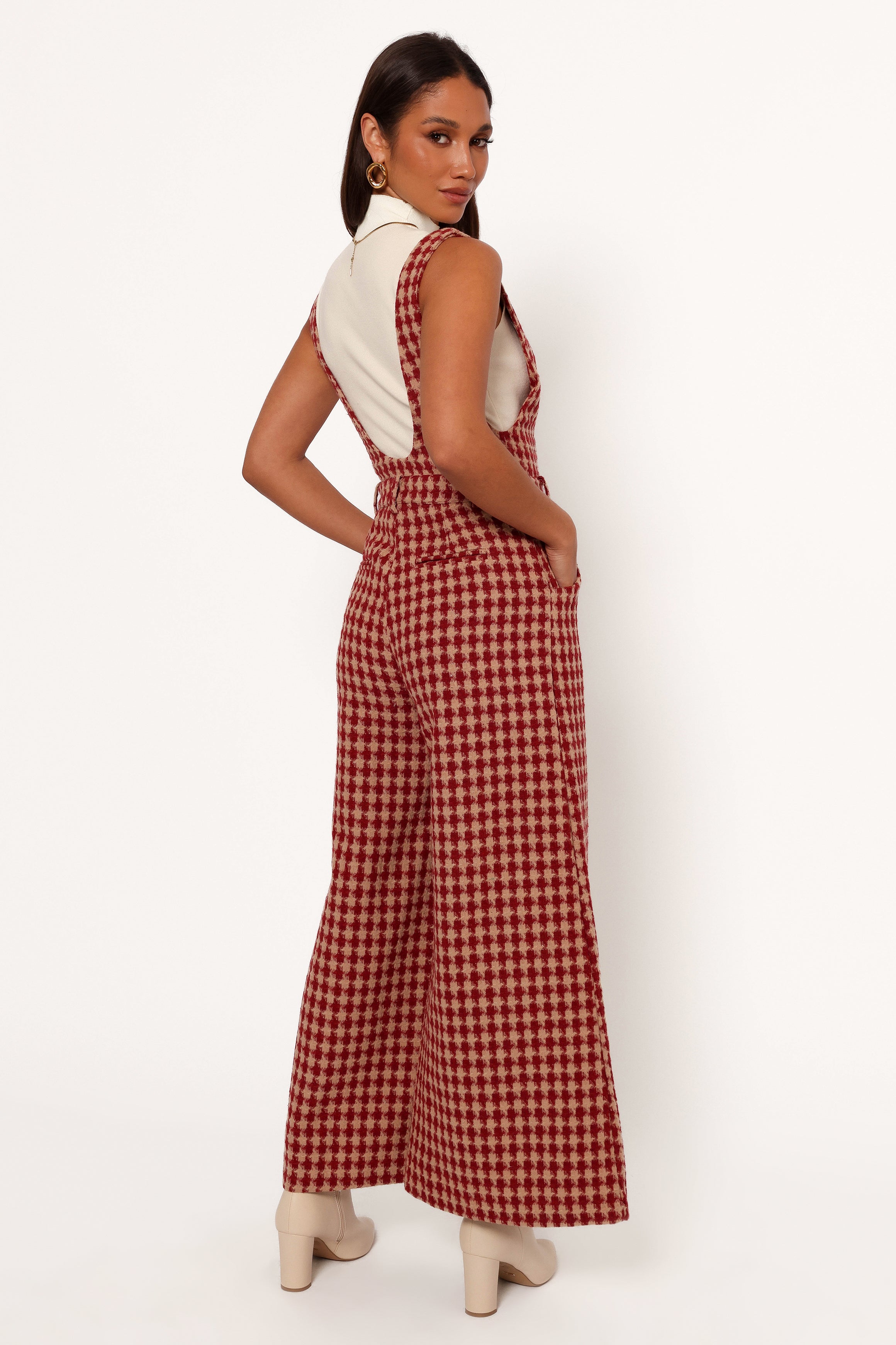 Jackson Jumpsuit for Women - Dark Red Houndstooth Pattern One Piece Romper | Casual Outfit for Party, Date Night & Everyday Wear
