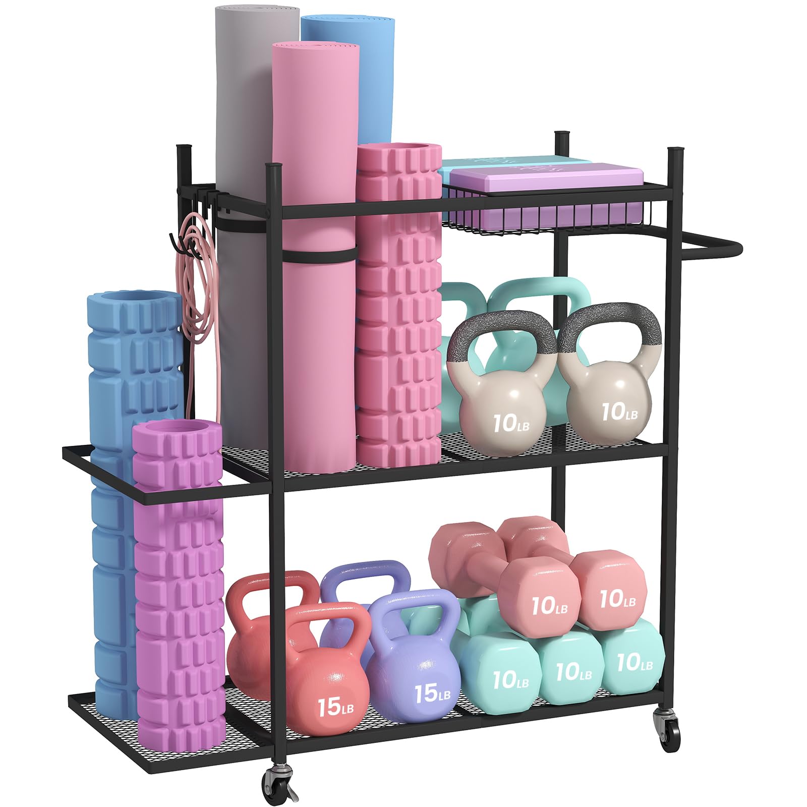 Premium Yoga Mat Storage Rack - Heavy Duty Home Gym Organizer for Dumbbells, Kettlebells & Workout Equipment with Removable Hooks - Space Saving Yoga Mat Holder for Easy Mobility - Perfect for Home Gym, Yoga Studio & Fitness Room Organization