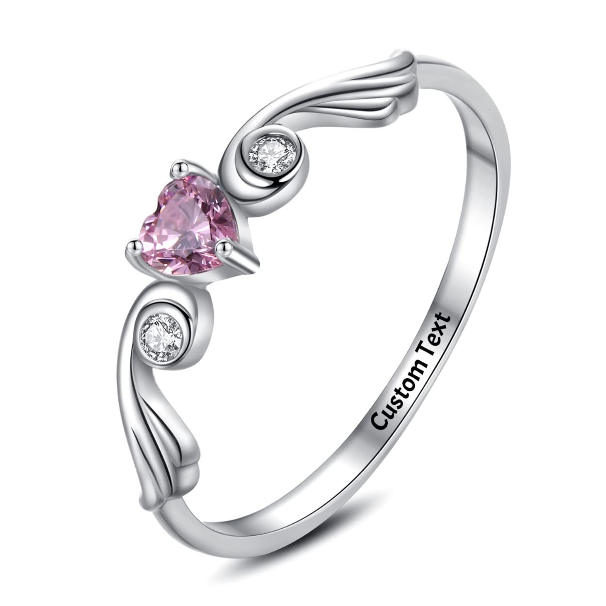 Kissmeta Sterling Silver Mother Daughter Rings with 3 Birthstones - Personalized Engraved Name, Stackable Angel Wing Heart Jewelry - Perfect for Mother's Day, Birthday Gifts & Miscarriage Memorial (Customizable)