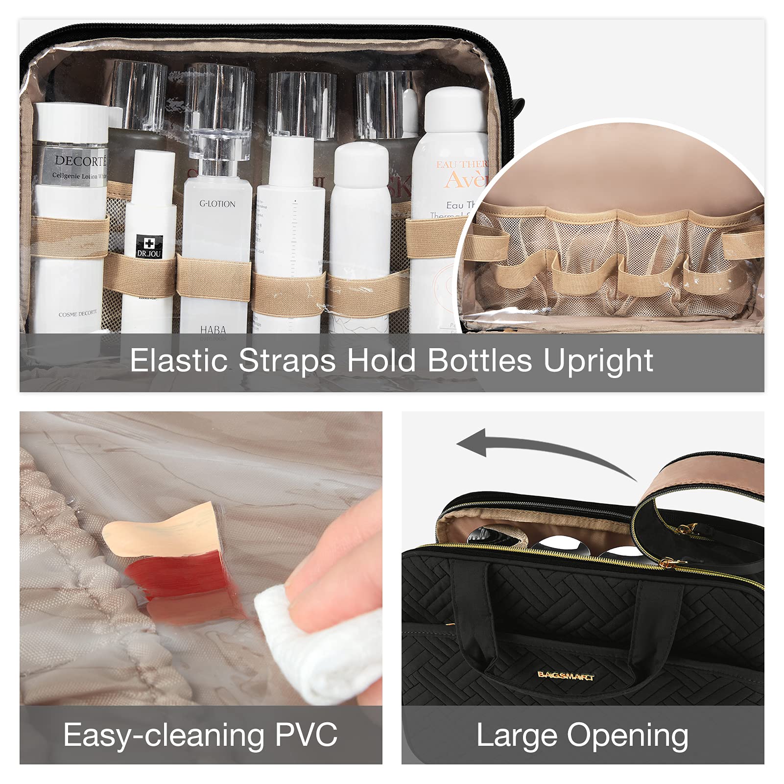 BAGSMART Large Water-resistant Toiletry Bag for Women - Travel Makeup Cosmetic Organizer with Multiple Pockets for Accessories, Shampoo, Toiletries (Medium, Black) | Perfect for Vacation, Gym, Business Trips & Daily Essentials Storage