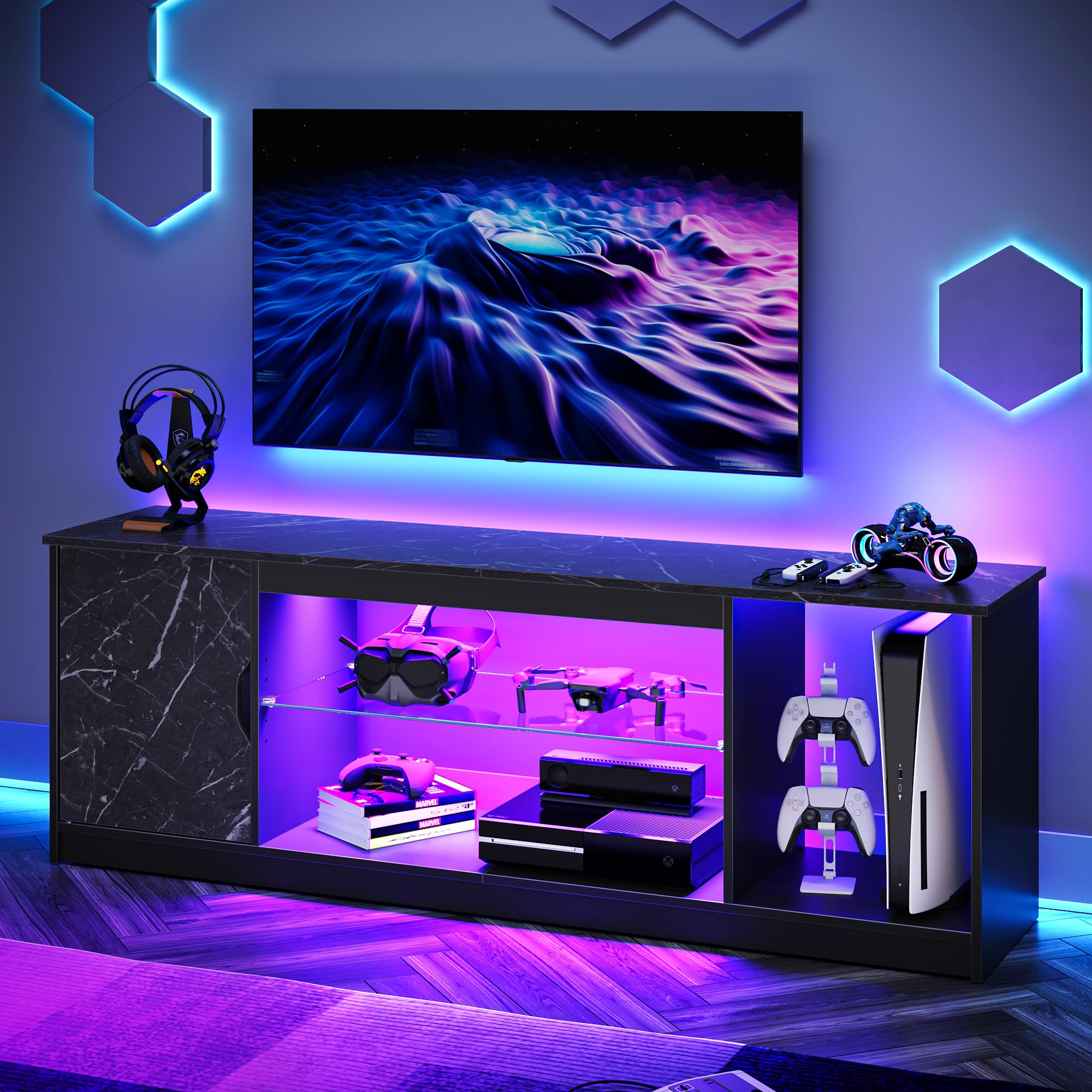 Bestier 57 Inch LED TV Stand for 55-65 Inch TVs - Modern Entertainment Center with Storage Cabinet for PS5, Xbox & Gaming Consoles - Adjustable Glass Shelves TV Console for Living Room & Bedroom - Black Marble Finish | Perfect for Home Theater Setup & Gaming Stations