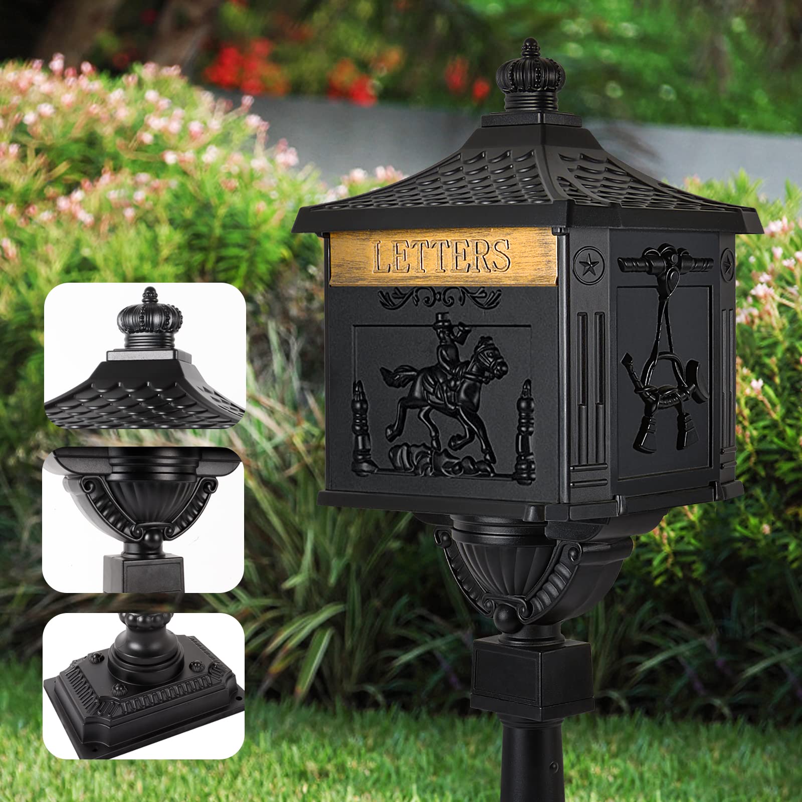 Polar Aurora Heavy Duty Cast Aluminum Mailbox - Black Secure Postal Box for Home & Business | Weatherproof & Durable Outdoor Mail Solution