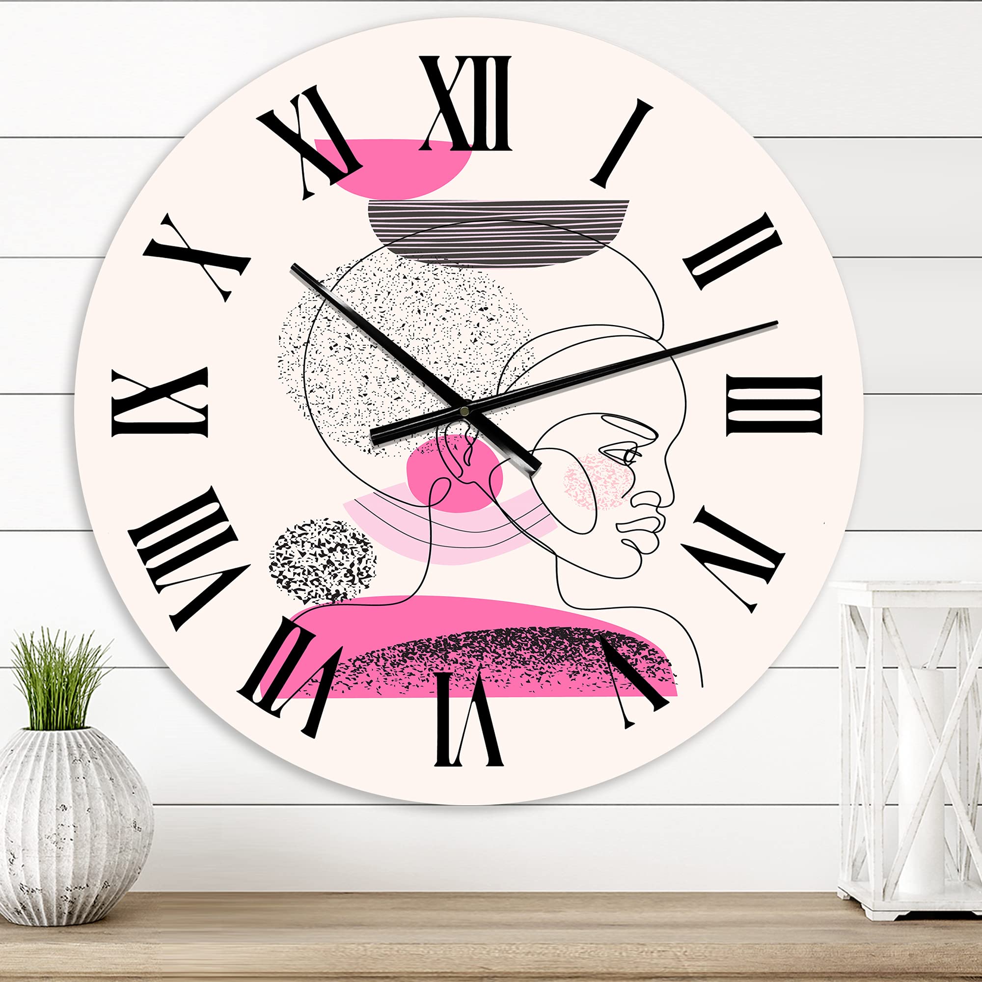 Abstract One Line Portrait Afro American Women Wall Clock - Large Modern Fractal Art Home Decor for Living Room, Bedroom & Office