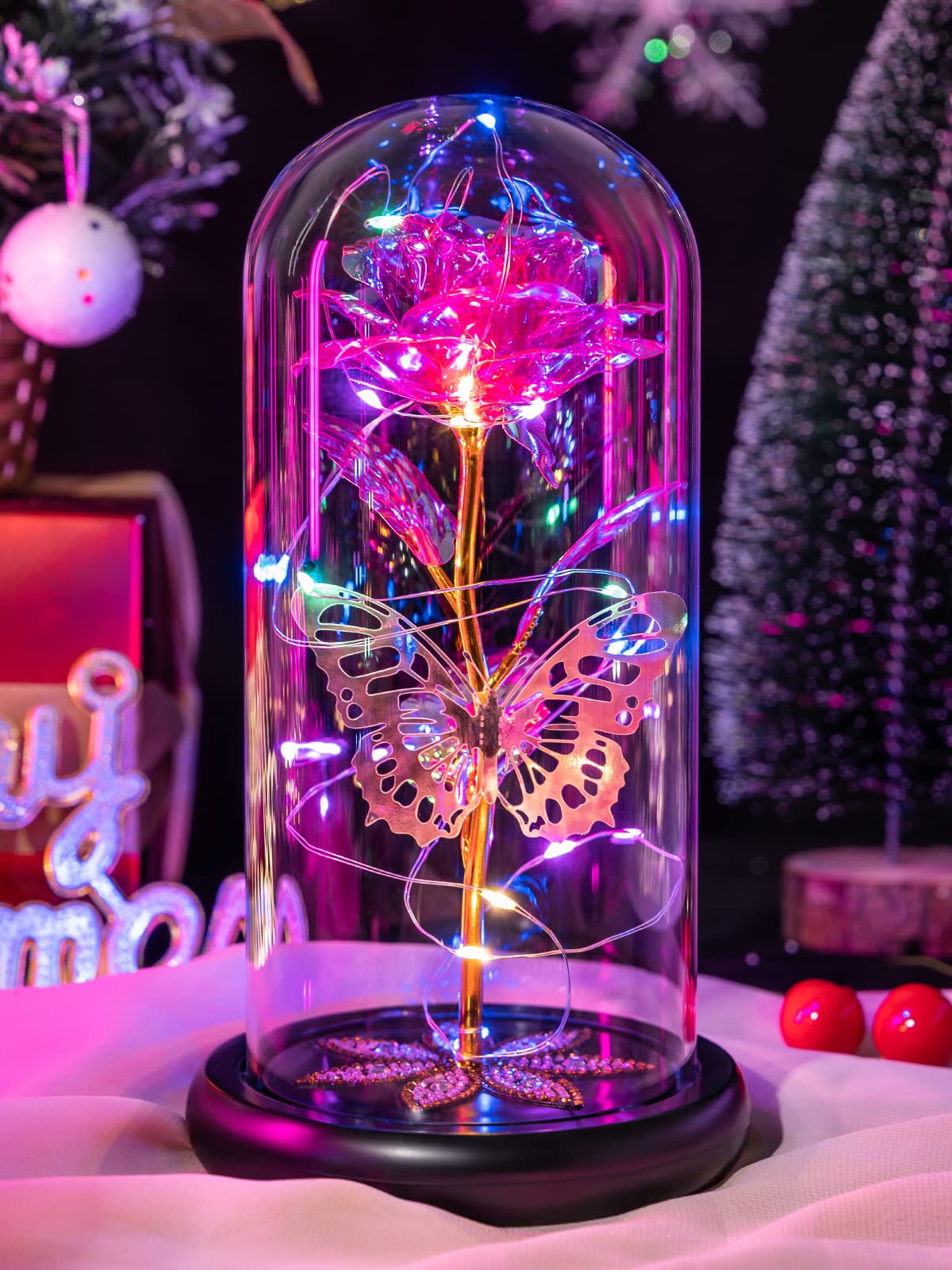Eternal Crystal Rose in Glass Dome with Butterfly - Light Up LED Flower Gift for Mother's Day, Anniversary, Birthday (Pink) - Perfect for Women, Mom, Wife, Daughter, Sister - Romantic Home Decor & Special Occasion Present