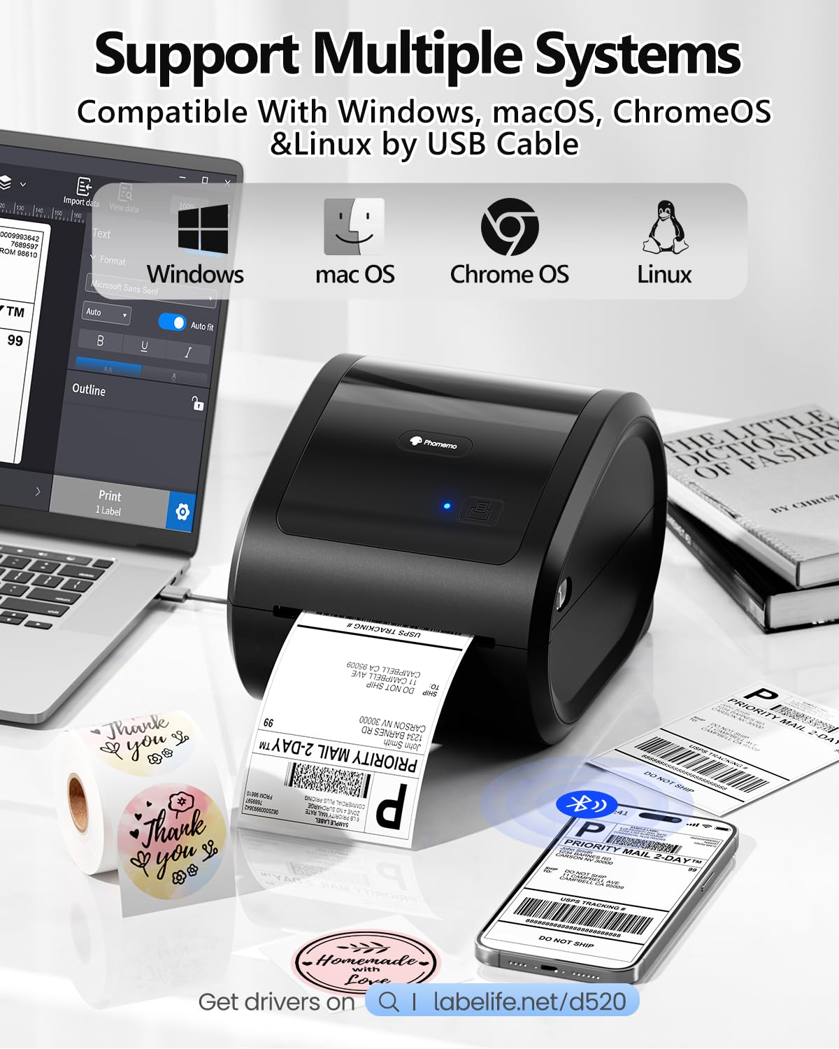 Phomemo D520BT 4x6 Bluetooth Thermal Label Printer - Wireless Shipping Label Maker with Built-in Holder, Compatible with Amazon USPS Shopify eBay - Perfect for E-commerce, Small Business & Home Shipping Needs