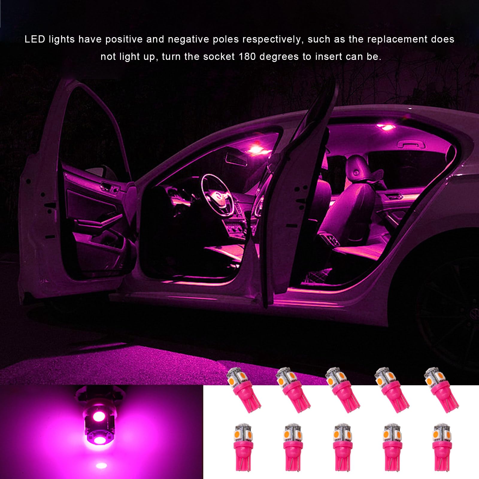 10 Pack T10 5050 5SMD LED Car Interior Light Bulbs - Super Bright Purple LED Replacement Bulbs for Dashboard, Dome, Map, Door, License Plate Lights | Perfect for Night Driving & Car Customization