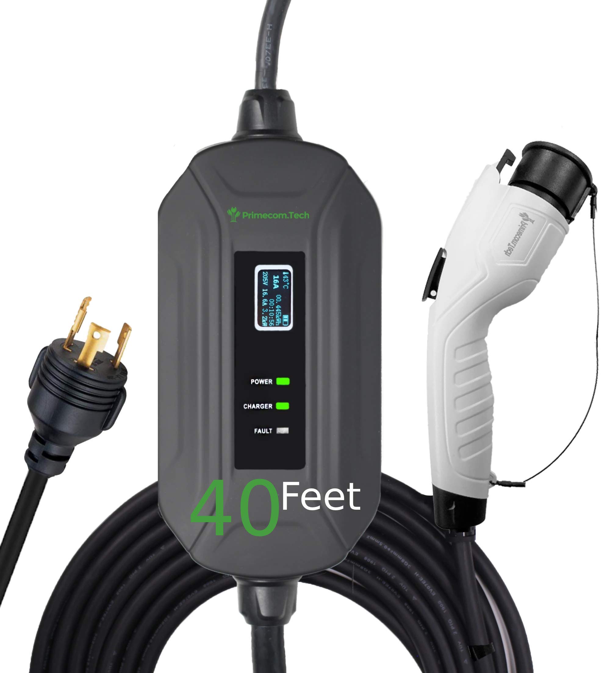 PRIMECOM Level 2 EV Charger 240V 16Amp Portable Smart Electric Car Charger - 30/40/50 Feet Cable (NEMA L6-30P) - Fast Charging for Tesla, Nissan Leaf, Chevy Bolt - Home & Workplace Charging Solution