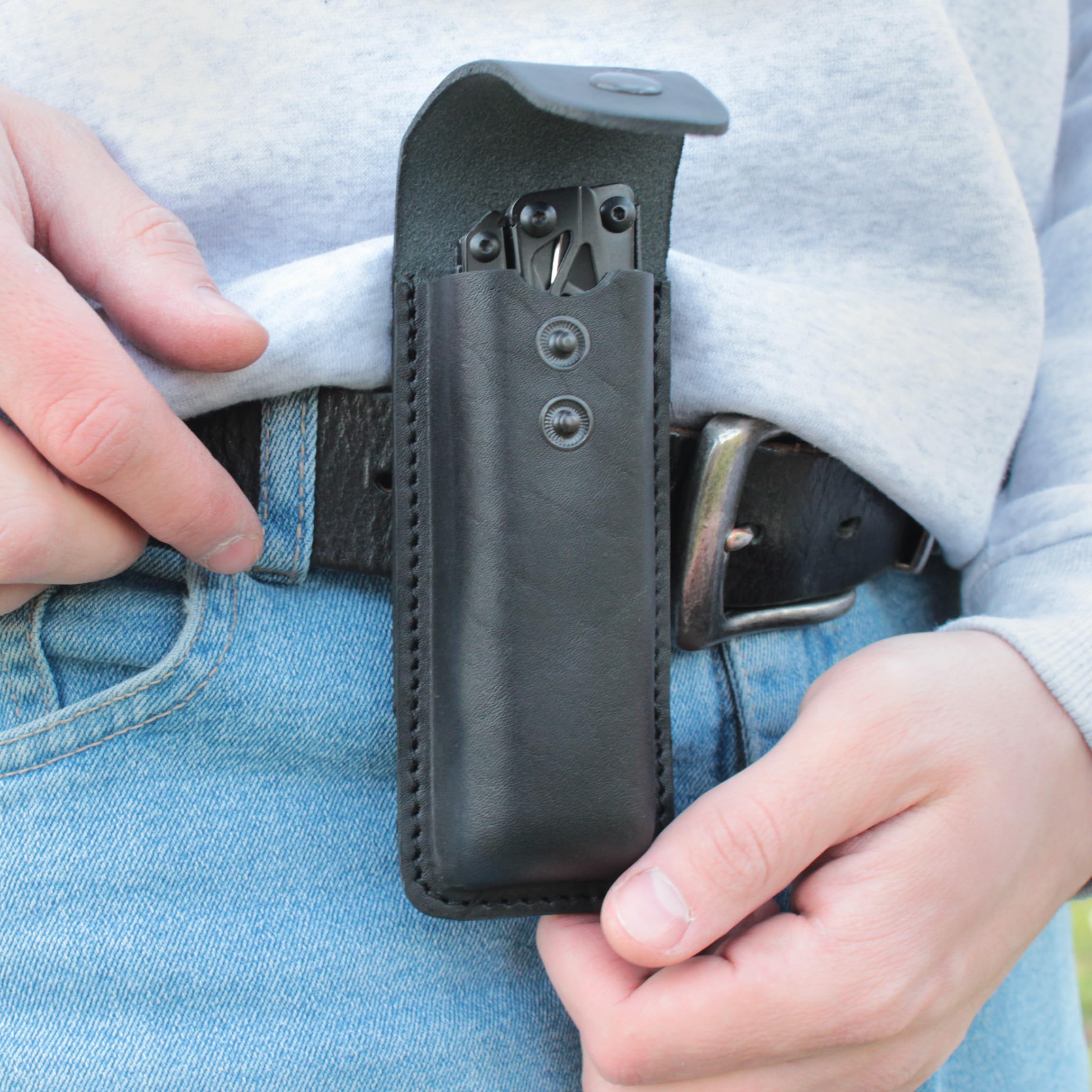 Premium Leather Folding Knife Sheath - Full Size Pocket Knife Holster for Large EDC Knives | Belt Loop for Vertical/Horizontal Carry | Secure Snap Closure Pouch for Multitools - Perfect for Camping, Hiking & Outdoor Adventures