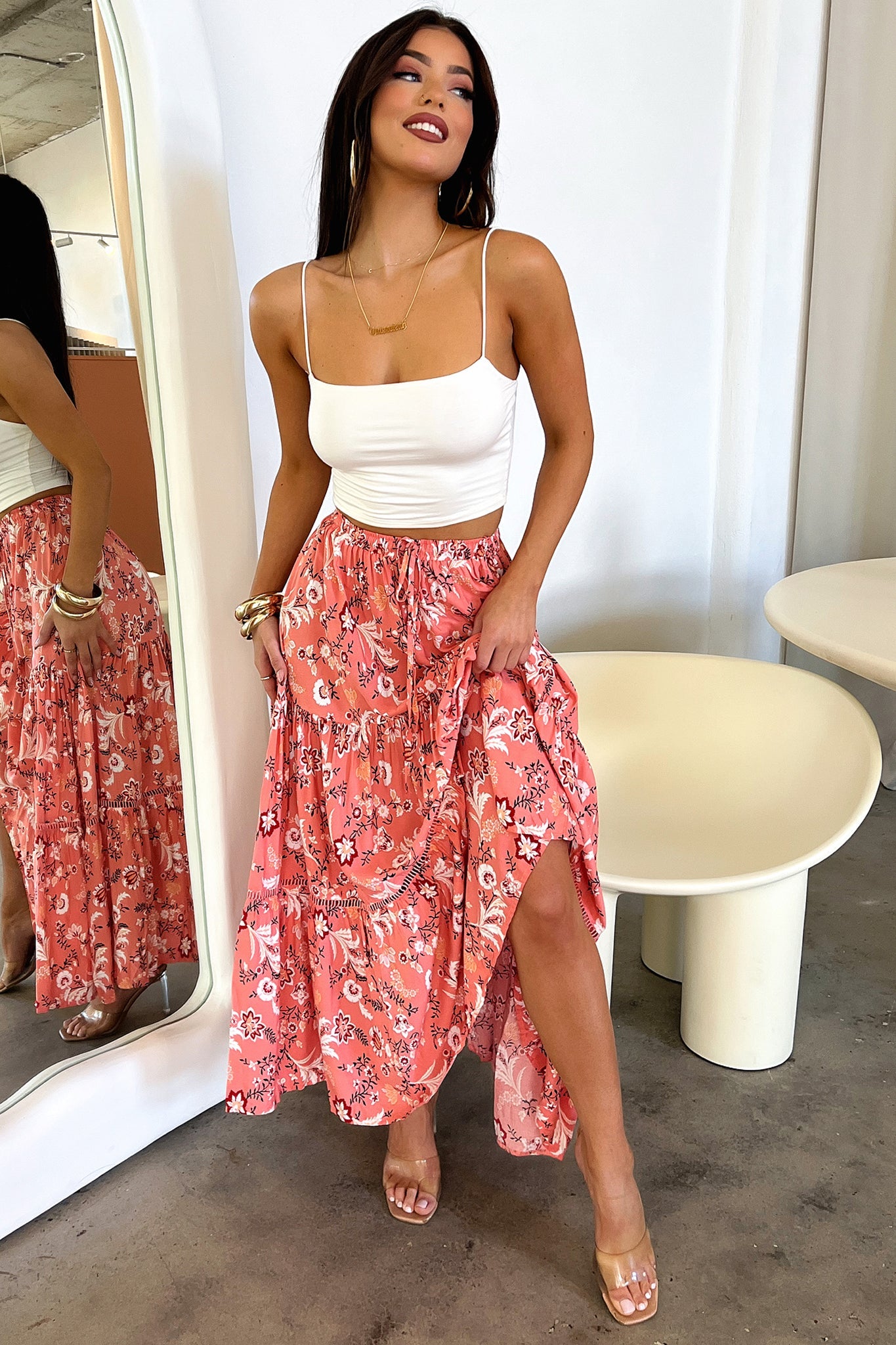 Kei Maxi Skirt - Pink Floral Print Long Skirt for Women | Boho Summer Beach Dress, Casual Outfit & Vacation Wear
