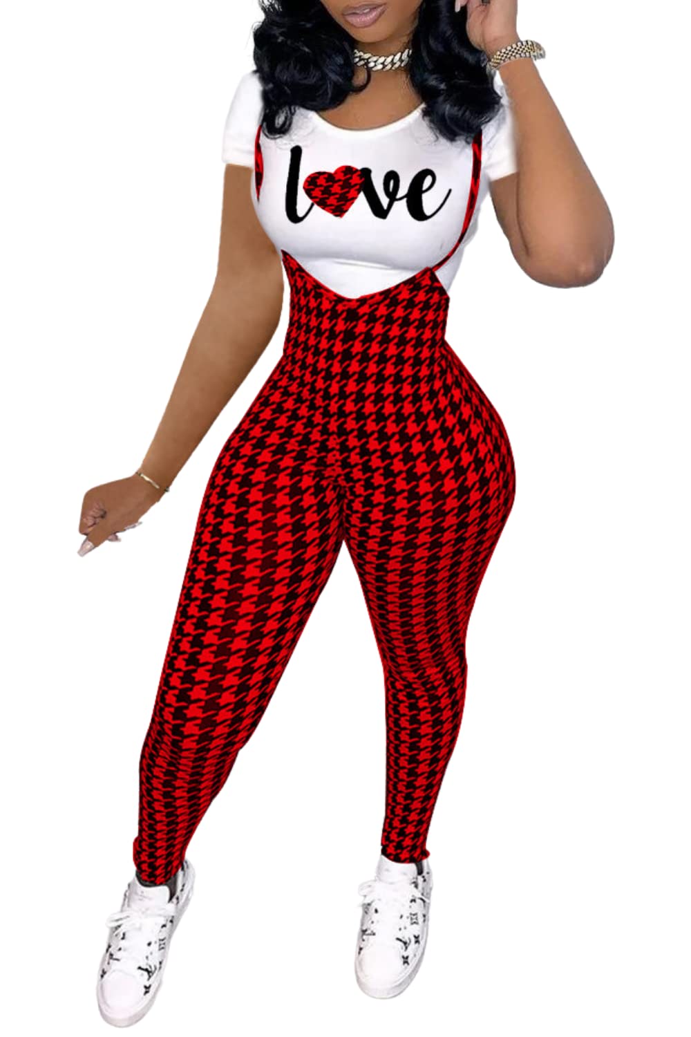 KSOTUTM Women's Sexy Letter Print Two Piece Outfit Set - Houndstooth Jumpsuit with Long Pants & Matching Top | Trendy Tracksuit for Casual Wear, Date Night & Street Fashion