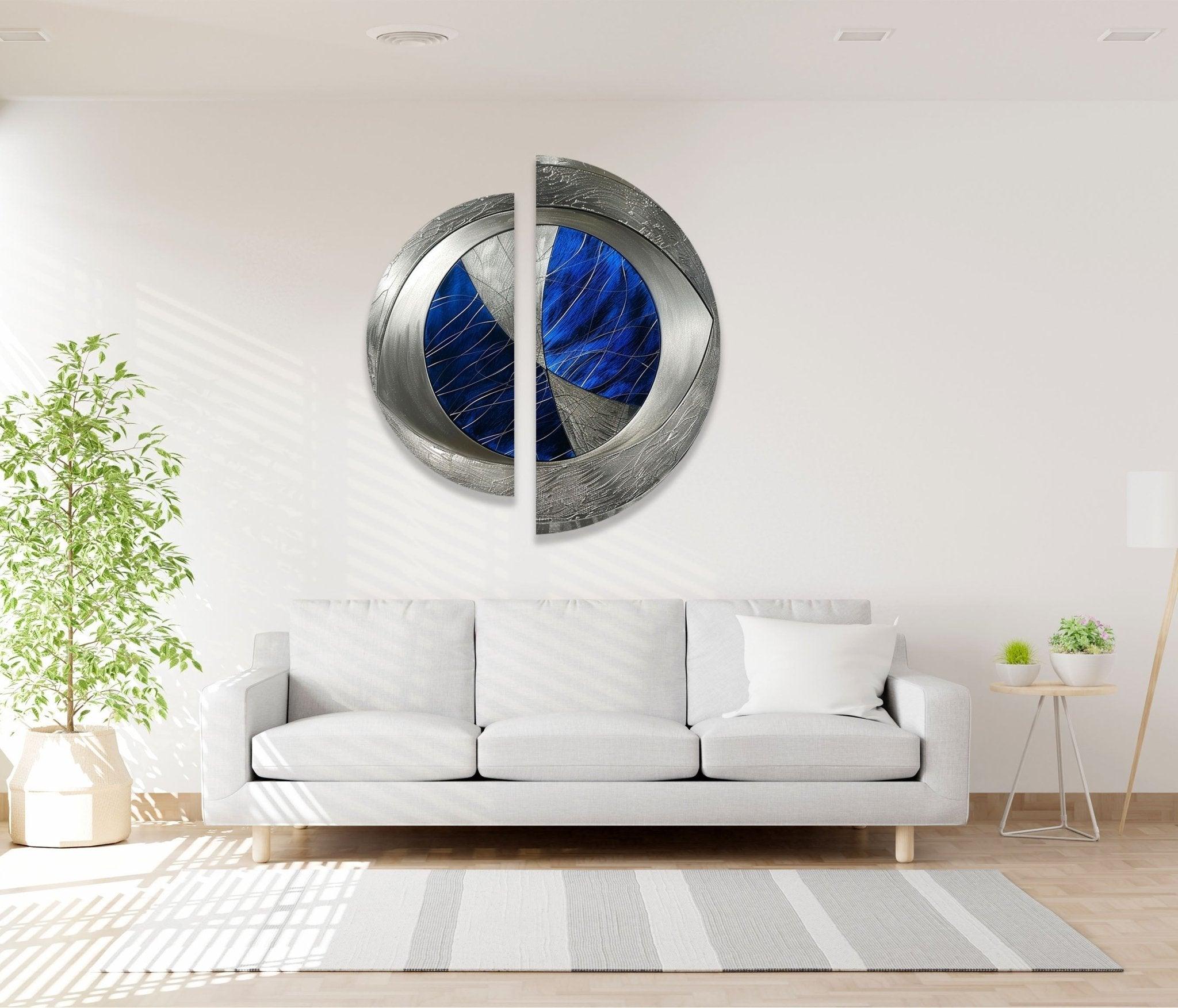 2 Piece Abstract Silver Blue Glass Wall Art Set - Modern Home Decor for Living Room, Bedroom, Office | Handmade Glass Wall Hangings for Unique Interior Design