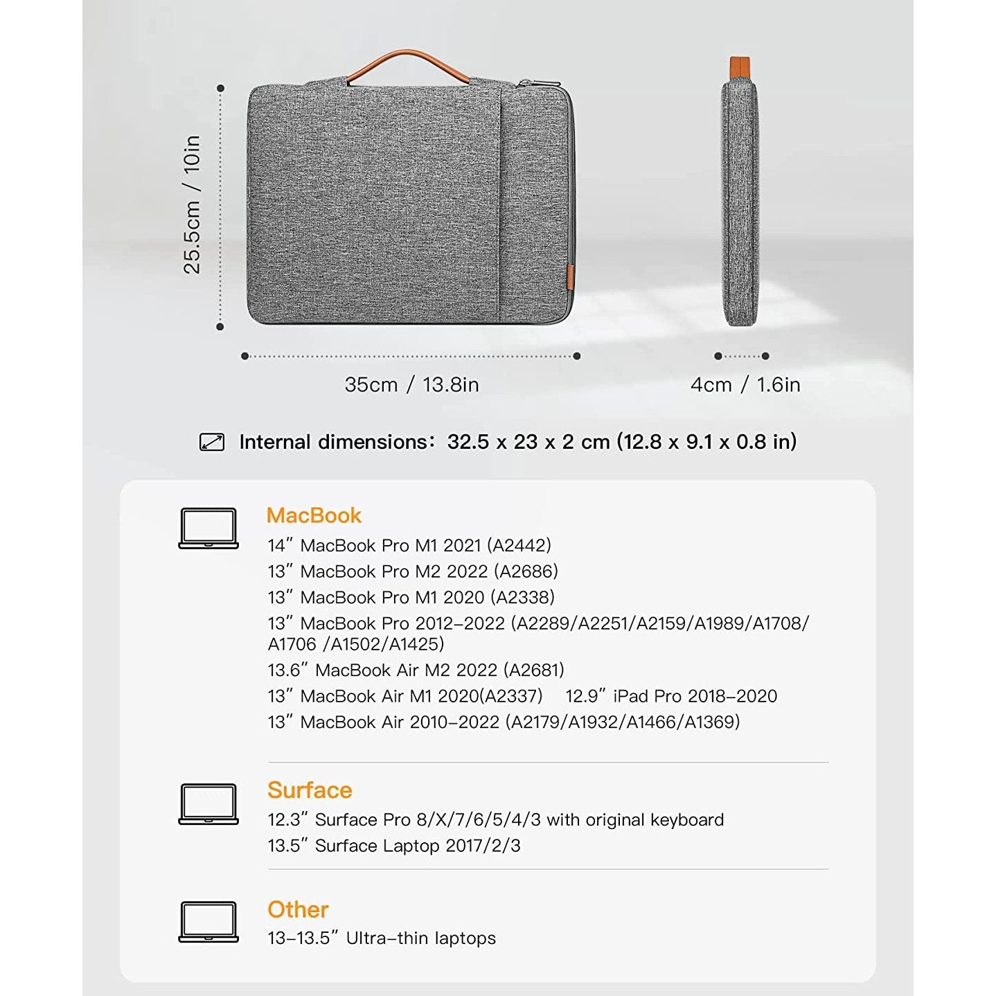 Inateck 13-13.3 Inch Laptop Sleeve Case for MacBook Air/Pro & Surface - Light Gray | Protective Neoprene Cover for Travel, Work & School