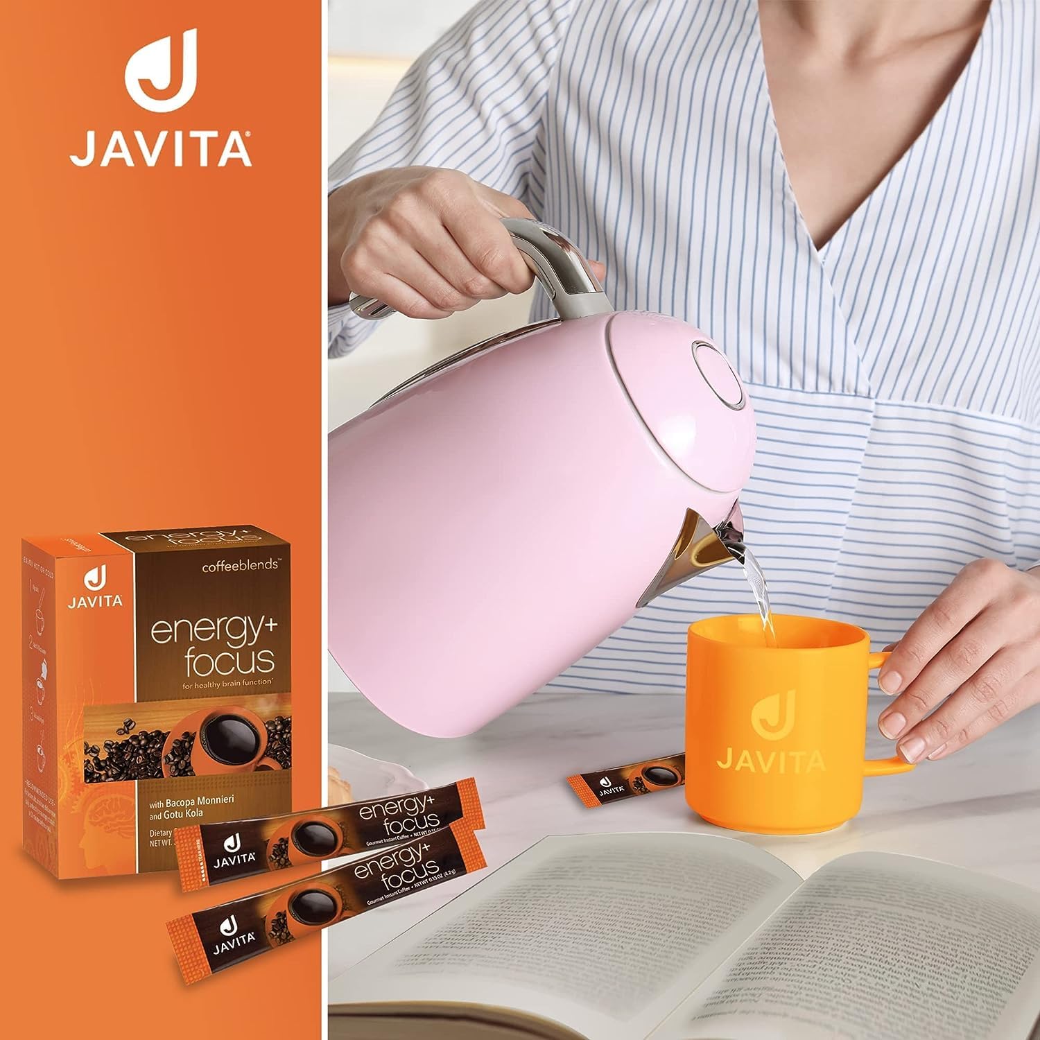 Javita Energy + Focus Instant Coffee Packets - 100% South American Arabica & Robusta Blend with Herbs for Clarity, Energy & Focus - Keto & Diet Friendly - 4 Boxes of 24 Sticks (4.2g Each) - Perfect for Office, Study & Travel