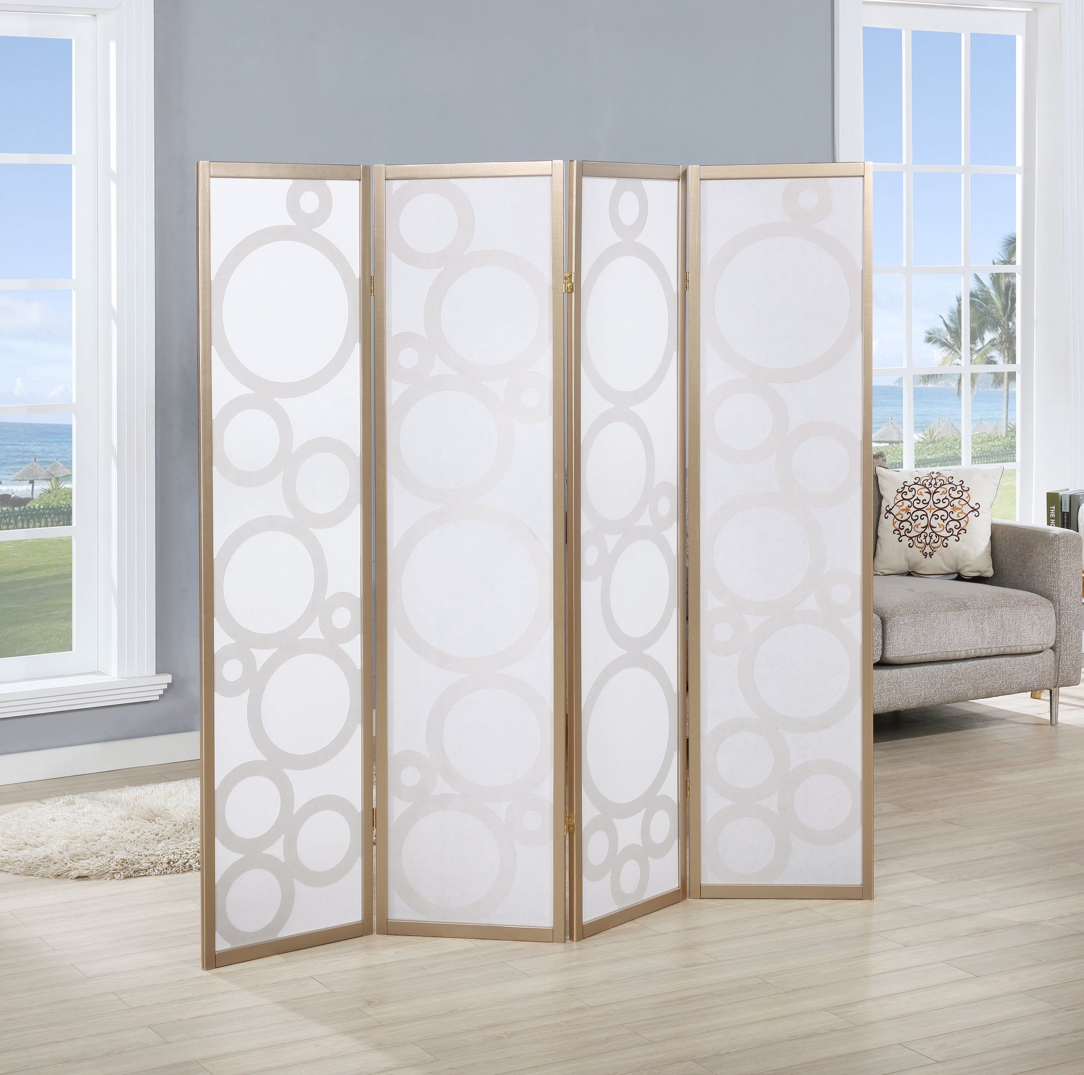 Roundhill Furniture Arvada 4-Panel Wooden Room Divider with Circle Design - Perfect for Home Office, Living Room, and Bedroom Privacy