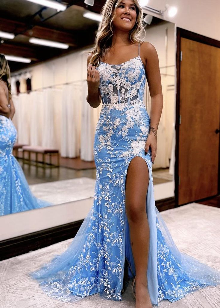 Elegant Blue Lace Mermaid Prom Dress with High Slit - Formal Evening Gown for Homecoming, Quinceañera & Special Occasions (Style J2596)