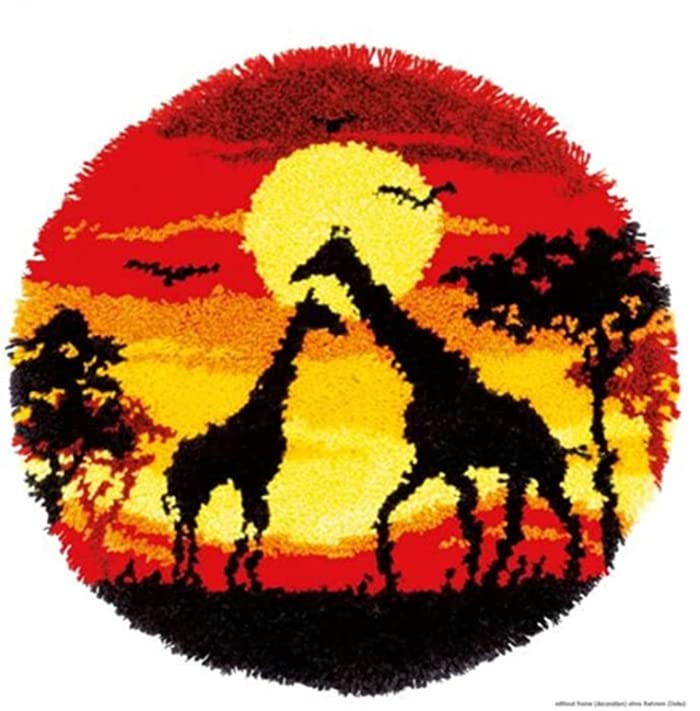 Sunset Giraffe Round Latch Hook Kit - DIY Pre-Printed Rug Crochet Yarn Embroidery Needlework Set with Hook Tool - 52x52cm Home Decor for Living Room, Bedroom & Christmas Decoration