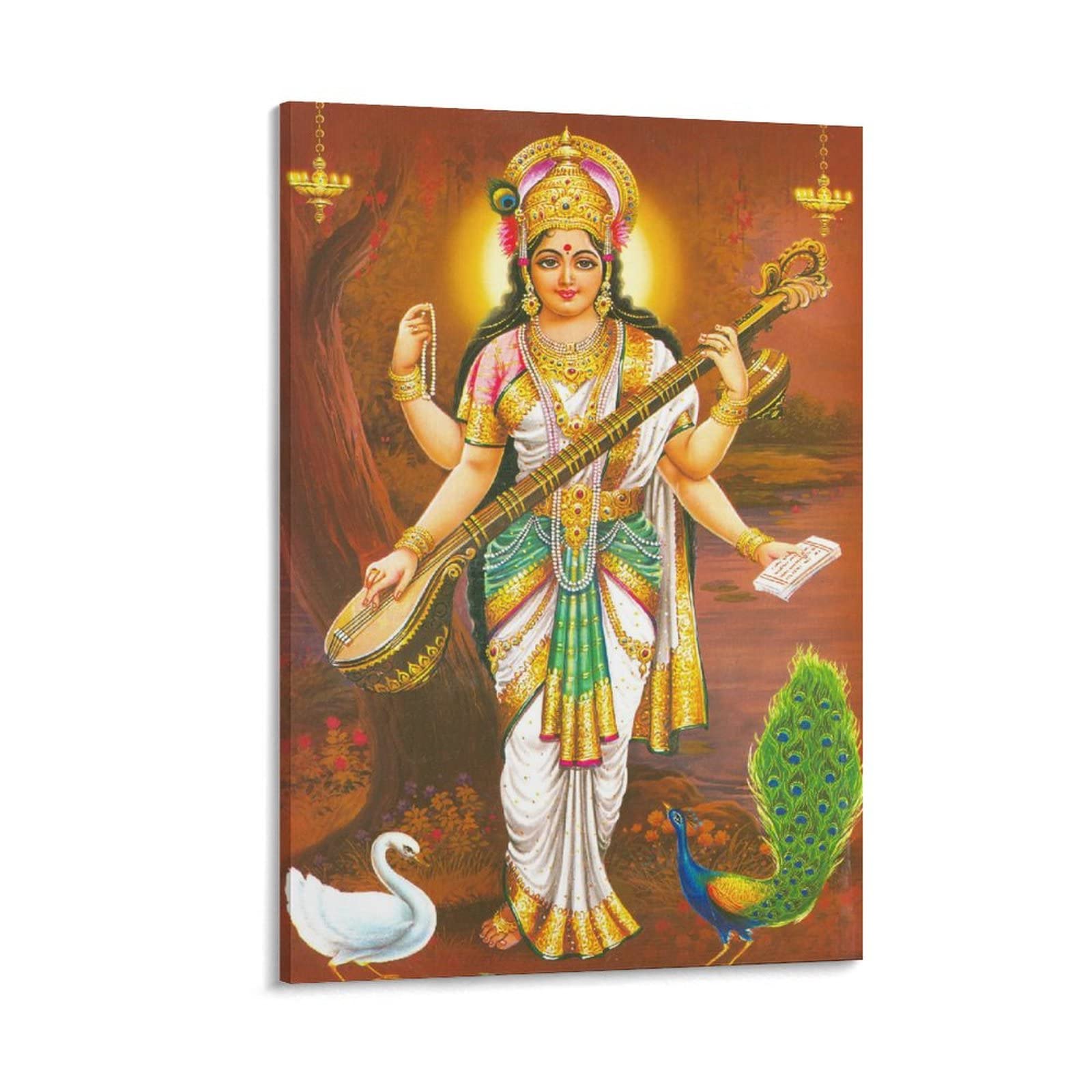 Saraswati Devi Hindu Goddess Wall Art - 24x36 inch Canvas Print for Home & Office Decor, Spiritual Gifts, Yoga Studio & Meditation Room