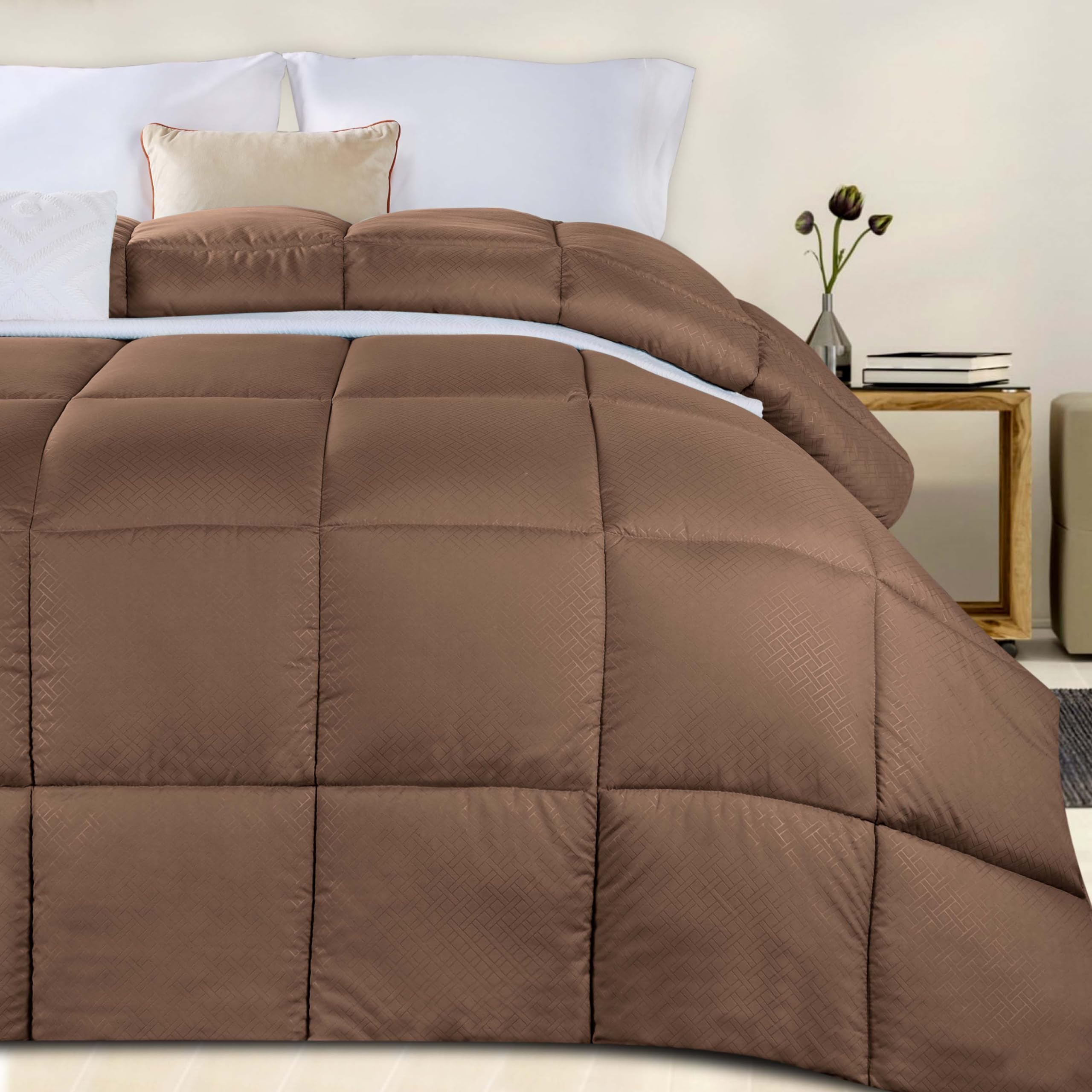Premium Microfiber Basketweave Comforter - Down Alternative Bedding Set | Medium Weight Fluffy Duvet Insert | Oversized King Blanket with Box Quilt Design | Monochrome Taupe for Cozy Bedroom Decor | Perfect for Guest Rooms, Master Bedrooms & Luxury Hotels