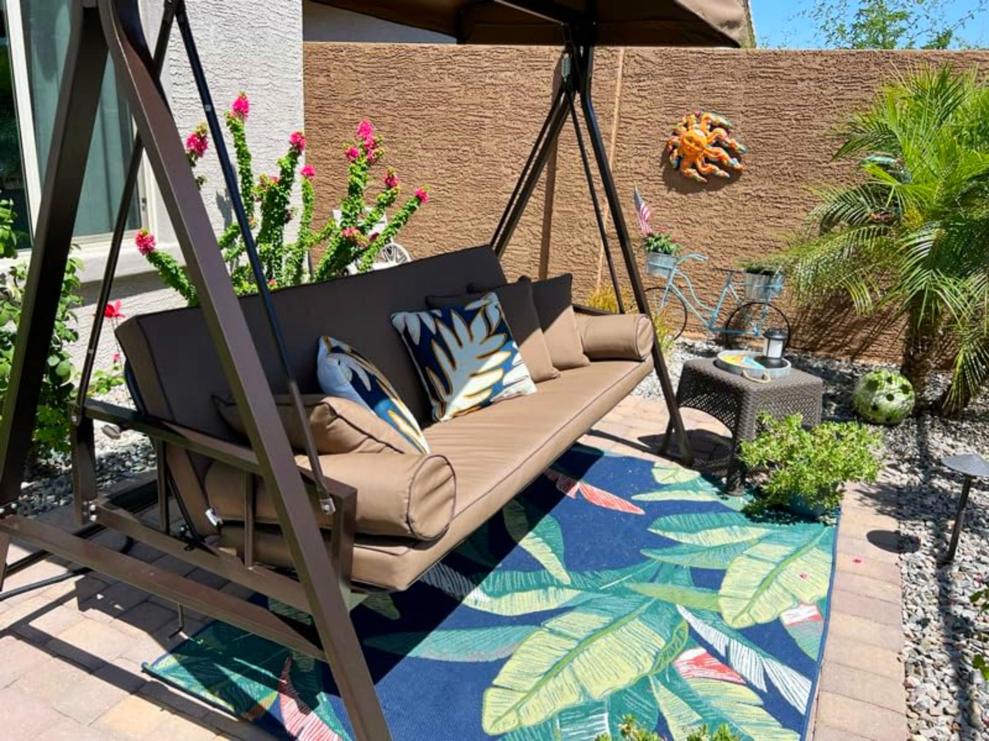 PURPLE LEAF 3-Seater Outdoor Patio Swing Chair with Adjustable Backrest - Weather-Resistant Steel Frame for Backyard, Porch or Garden - Includes Cushions & Pillows (Beige) - Perfect for Relaxing, Lounging & Outdoor Entertaining