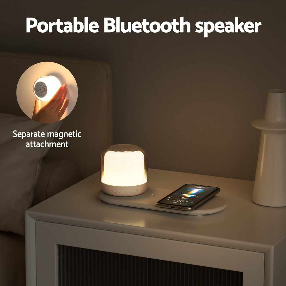 Devanti 3-in-1 Wireless Charger with 15W Fast Charging, RGB LED Lights & Bluetooth Speaker - Compatible with iPhone, Samsung & Qi-Enabled Phones for Bedroom, Office & Travel Use